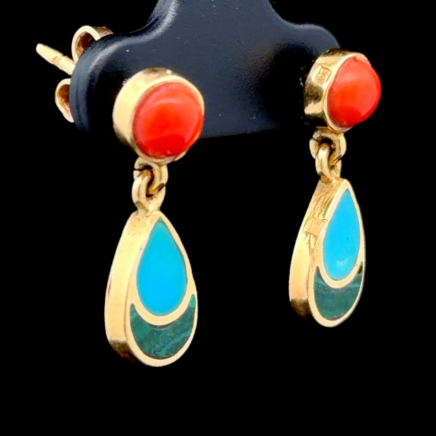 18k Yellow Gold Coral Turquoise & Malachite Drop Earrings