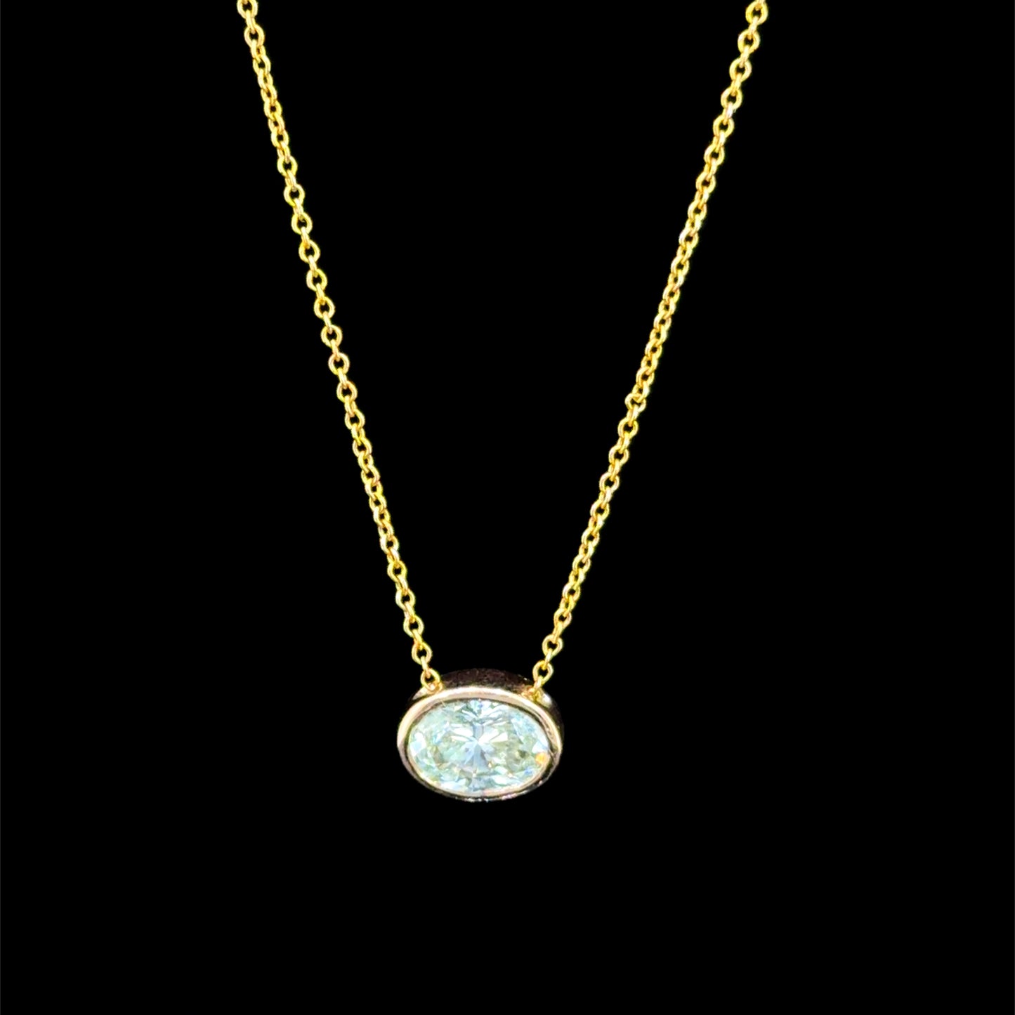 Fabulous 18k Yellow Gold Bezel Set East West 1.2 Ct Oval Diamond Suspended On A 16” Tiffany Chain RRP £10000