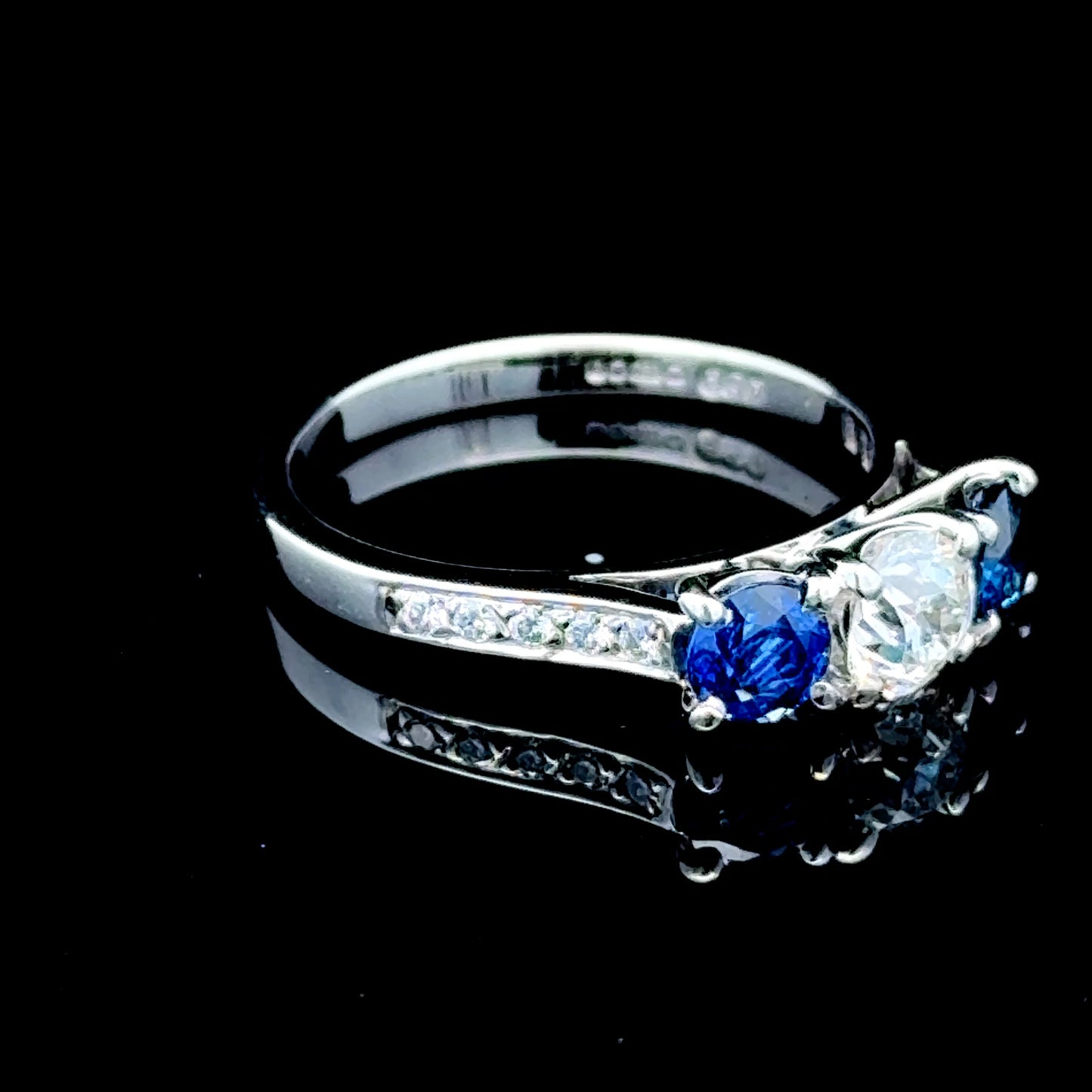 18K White Gold Sapphire & Diamond Trilogy Ring with Diamonds to Shoulders