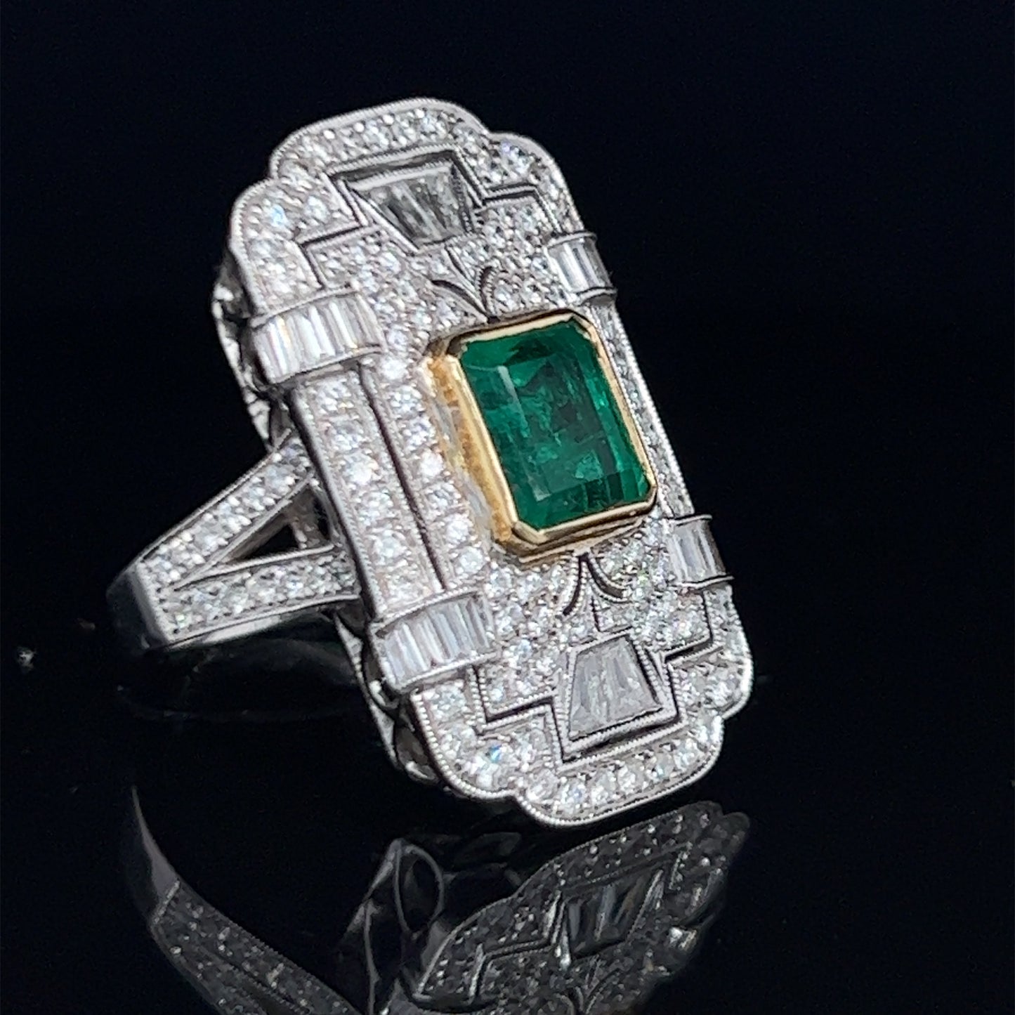Spectacular 18k White Gold Diamond & Muzo Emerald Deco Style Ring Dia 2.0 Cts Emerald 2.0 Cts With Safeguard certification.