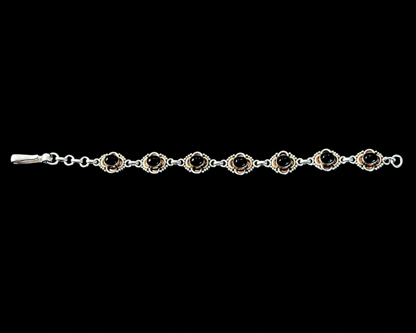 Silver & Cabochon Garnet Bracelet 7.5” Long