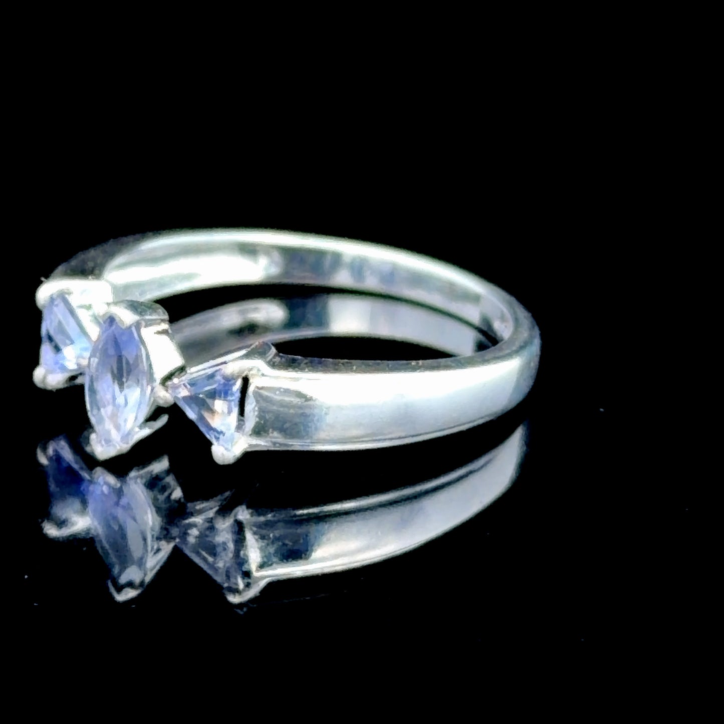 9k White Gold Marquise and Trillion Cut Tanzanite Trilogy Ring in White Gold
