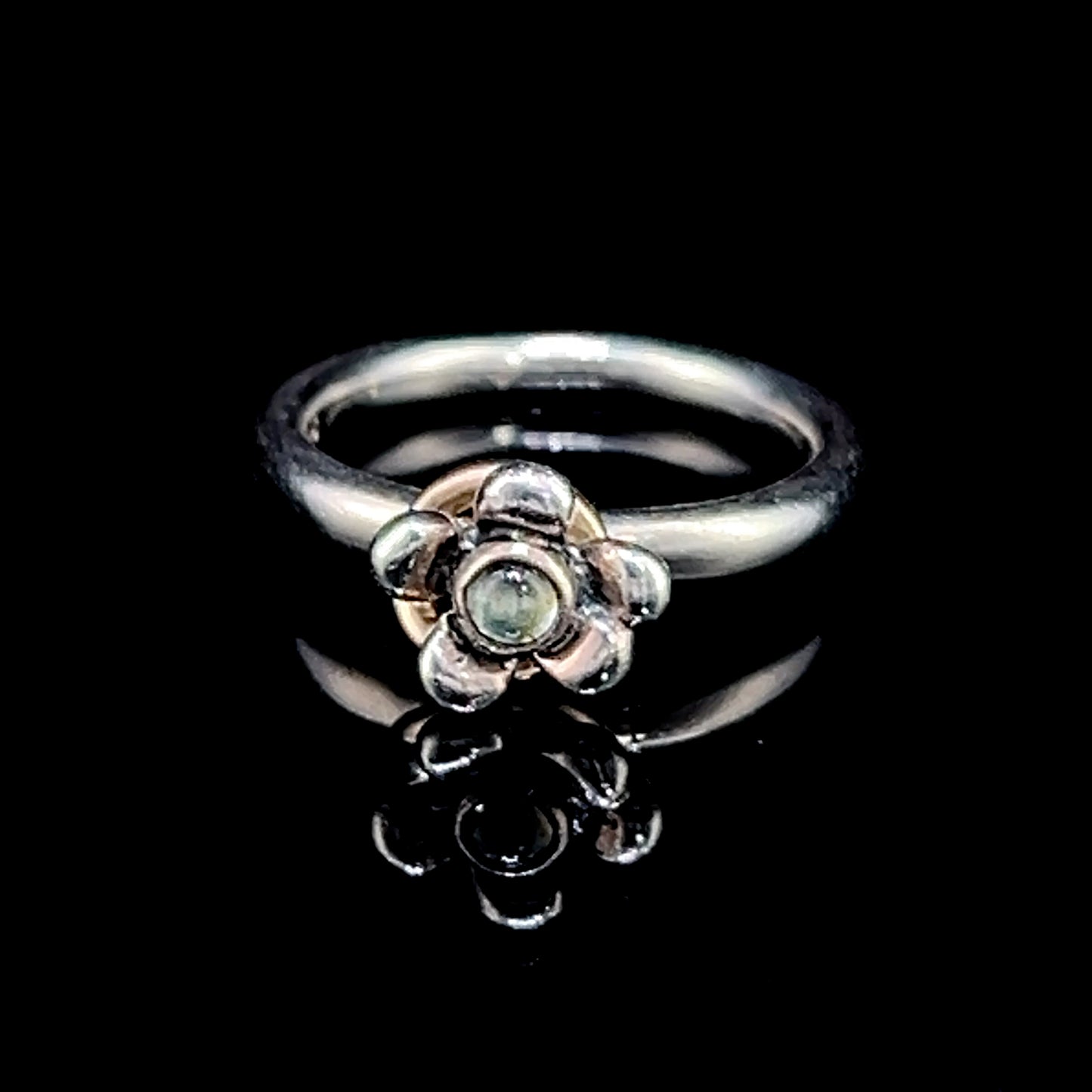 Silver Pandora Flower Ring with Blue Topaz & 14K Yellow Gold