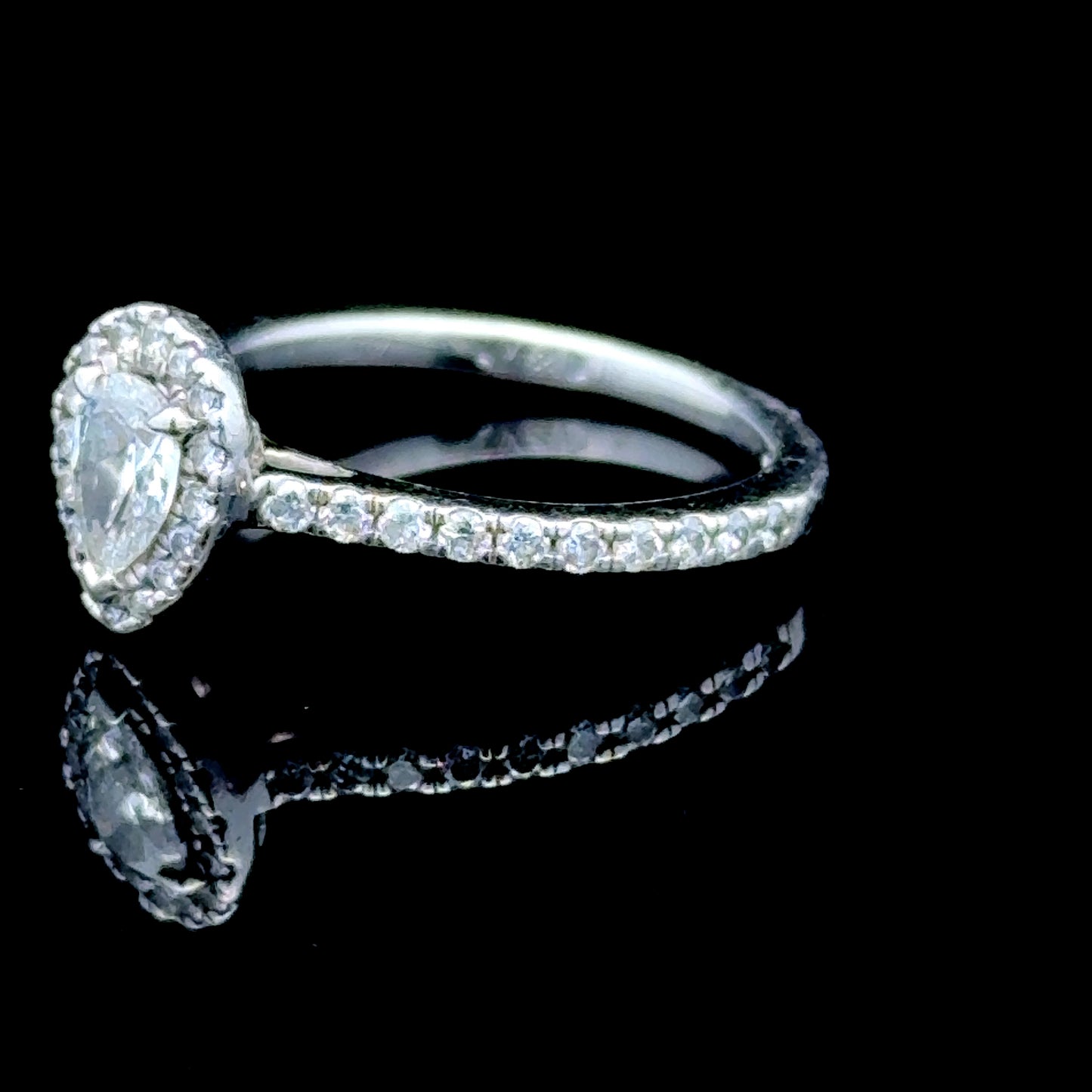 Platinum Pear Diamond Halo Ring with Diamonds to Shoulders