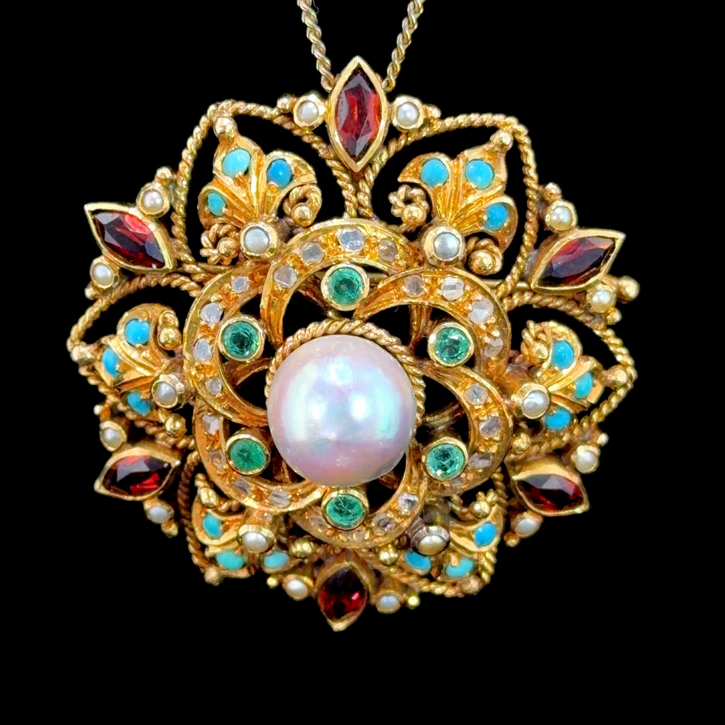 Absolutely Stunning Antique 18k Yellow Gold Pearl , Emerald,Diamond, Ruby. Brooch and Pendant