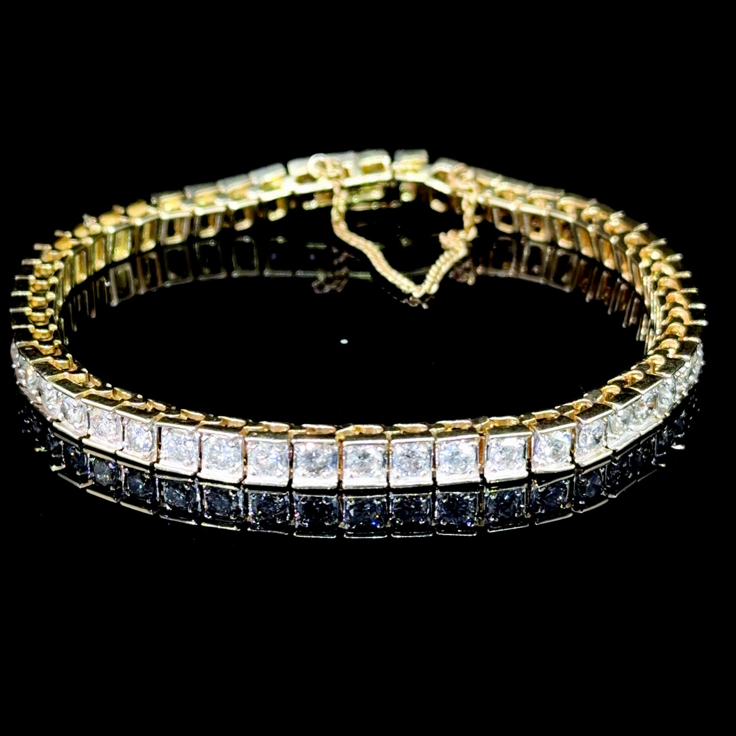 Splendid 14k Yellow Gold Round Cut Diamond Square Link Tennis Bracelet with Safety Chain Appx 4Cts