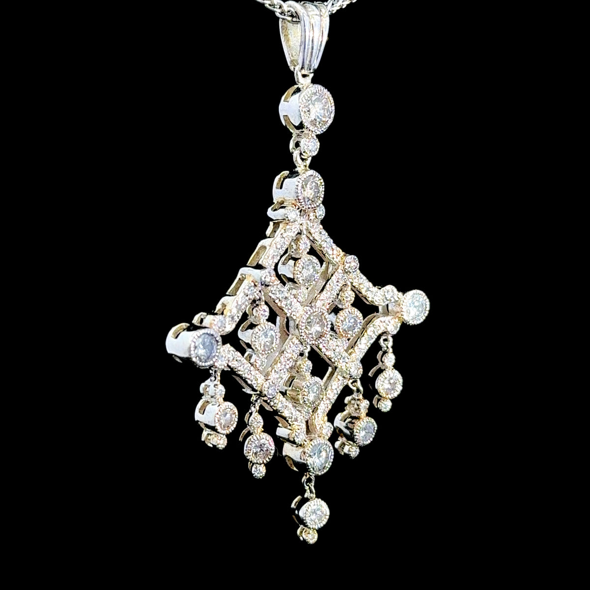 14K White Gold Diamond Chandelier Pendant & 9K White Gold Chain APPX 2.6 CTS The Ronald Charles Collection