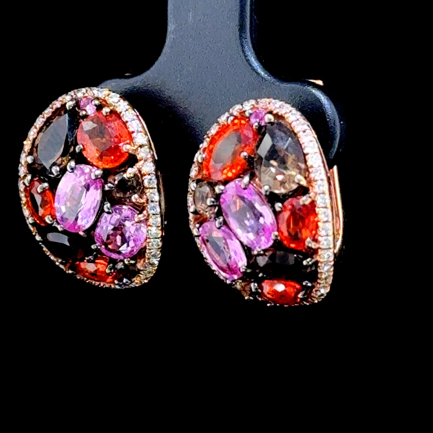 9K Rose Gold Amethyst, Citrine& Smokey Quartz Outlined with Diamonds Clip Earrings