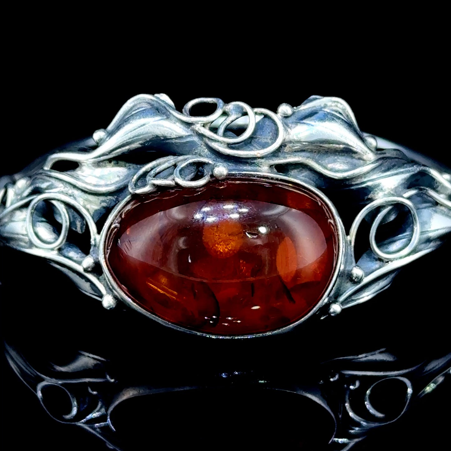 Silver Art Nouveau Baltic Amber Bangle