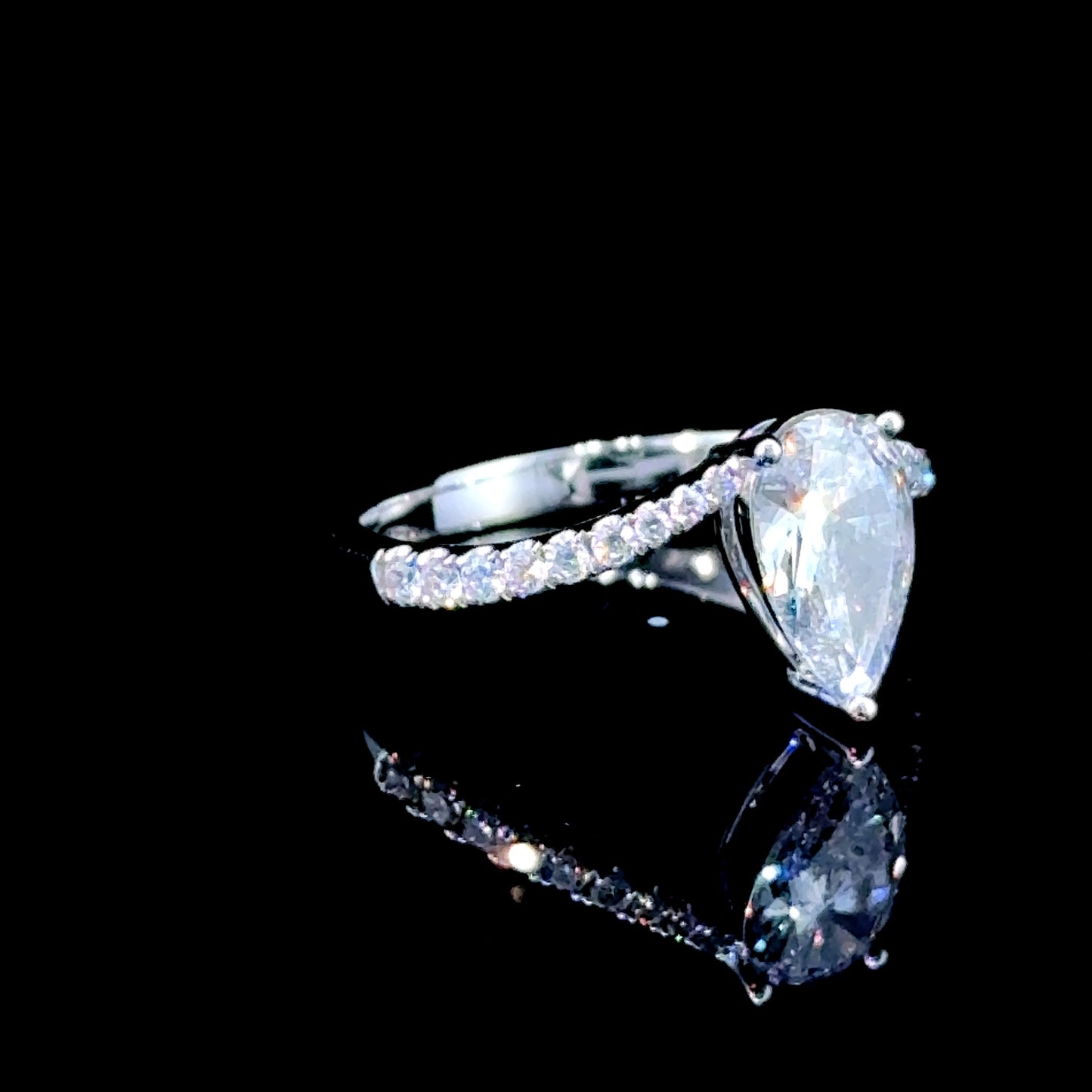 18K White Gold Pear Diamond Ring with Diamonds to Shoulders GIA E Colour