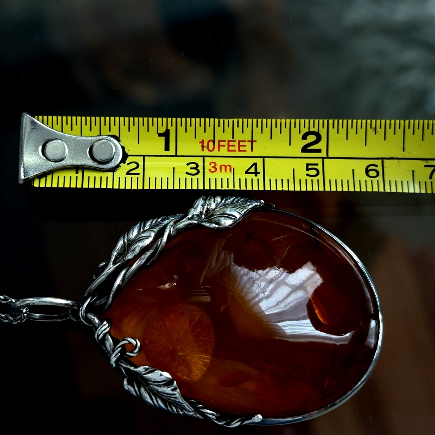 Large Silver Vine Baltic Amber Pendant