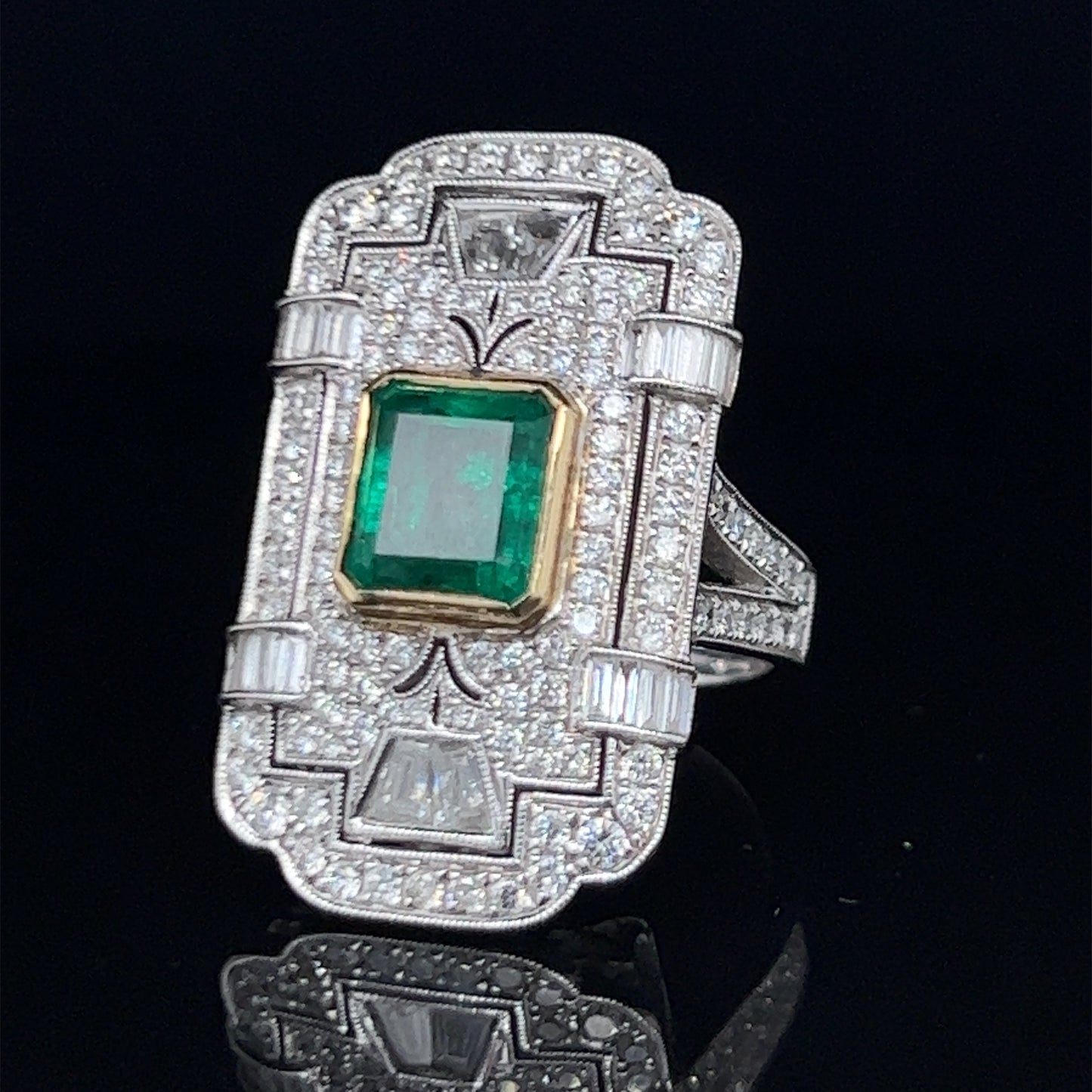 Spectacular 18k White Gold Diamond & Muzo Emerald Deco Style Ring Dia 2.0 Cts Emerald 2.0 Cts With Safeguard certification.