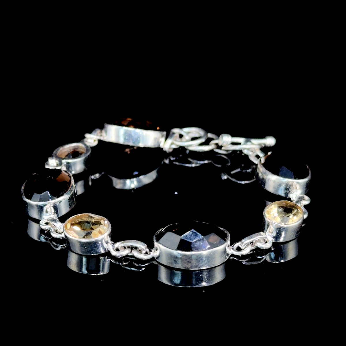 Very Pretty Silver Smokey Quartz & Citrine Bracelet With T Bar Clasp