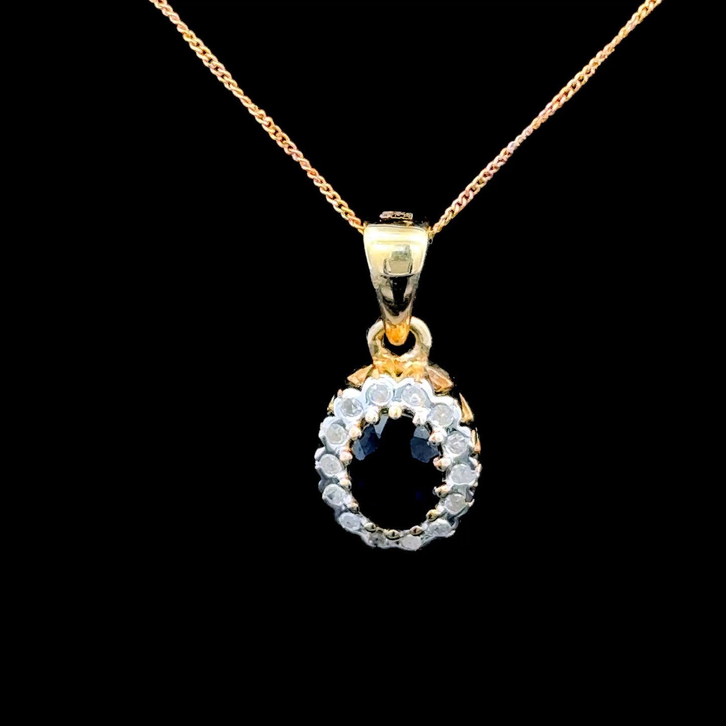 9K Yellow Gold Sapphire & Diamond Cluster Pendant & Chain