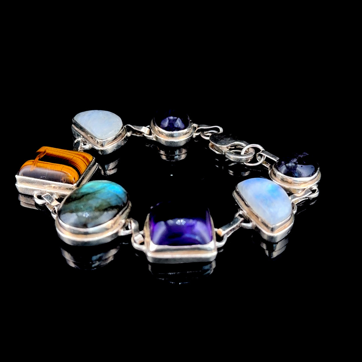 Stunning Silver Gemstone Bracelet with Amethyst Tigers Eye Laboradite & Moonstone