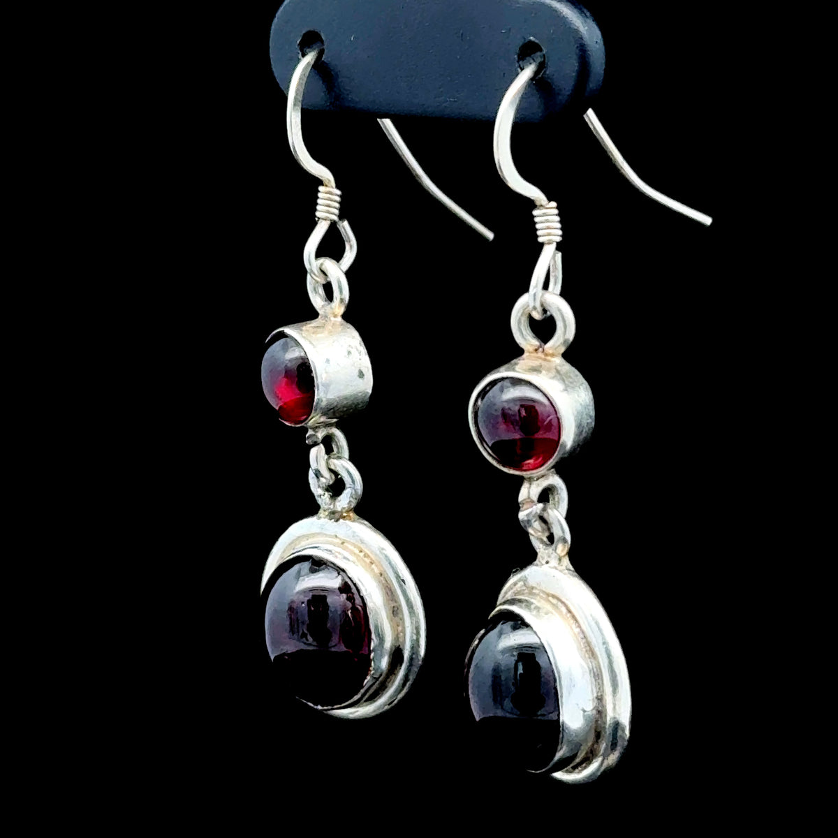 Silver Cabachon Garnet Drop Hook Earrings