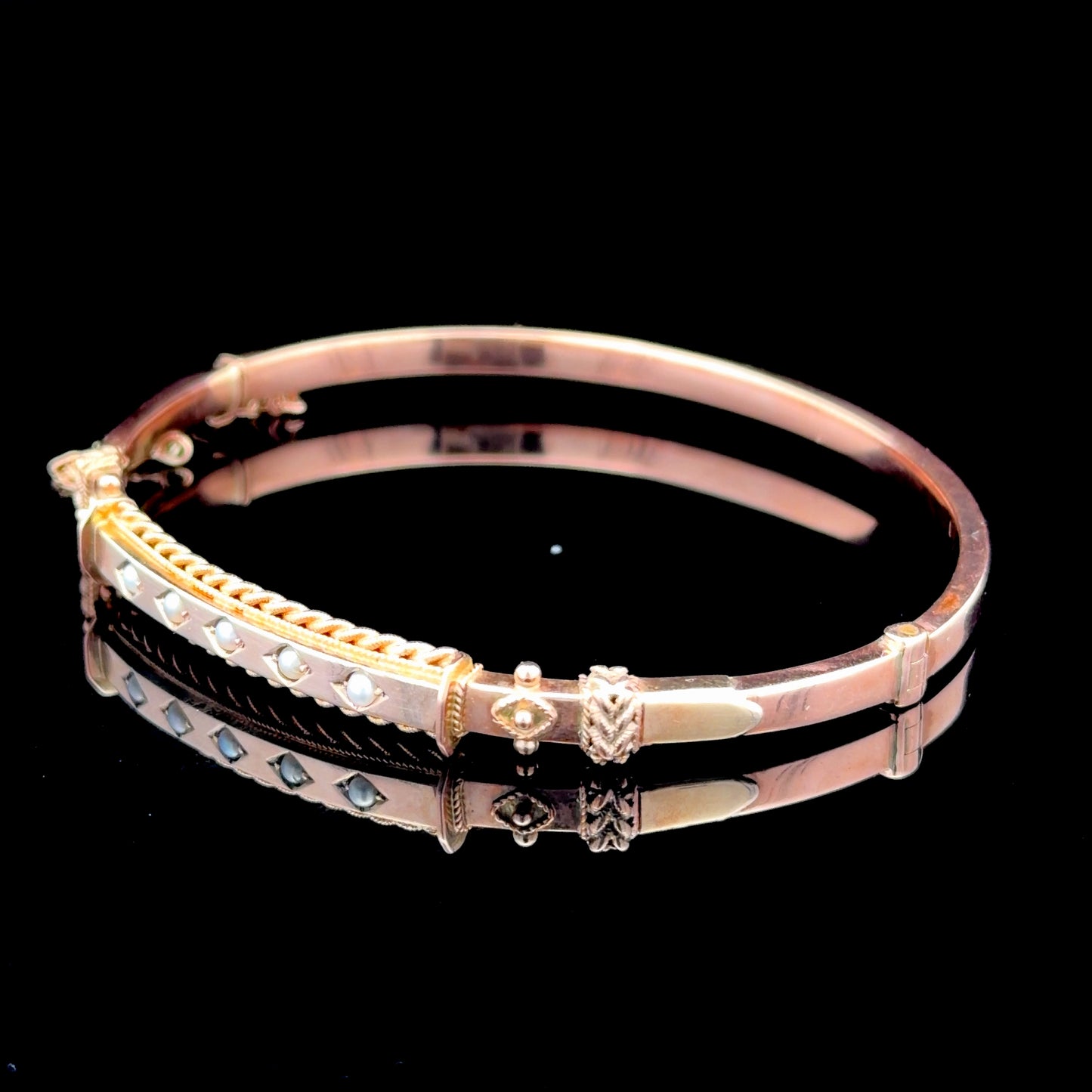 9k Rose Gold & Pearl Edwardian Bangle Rope Twist Design with Safety Chain
