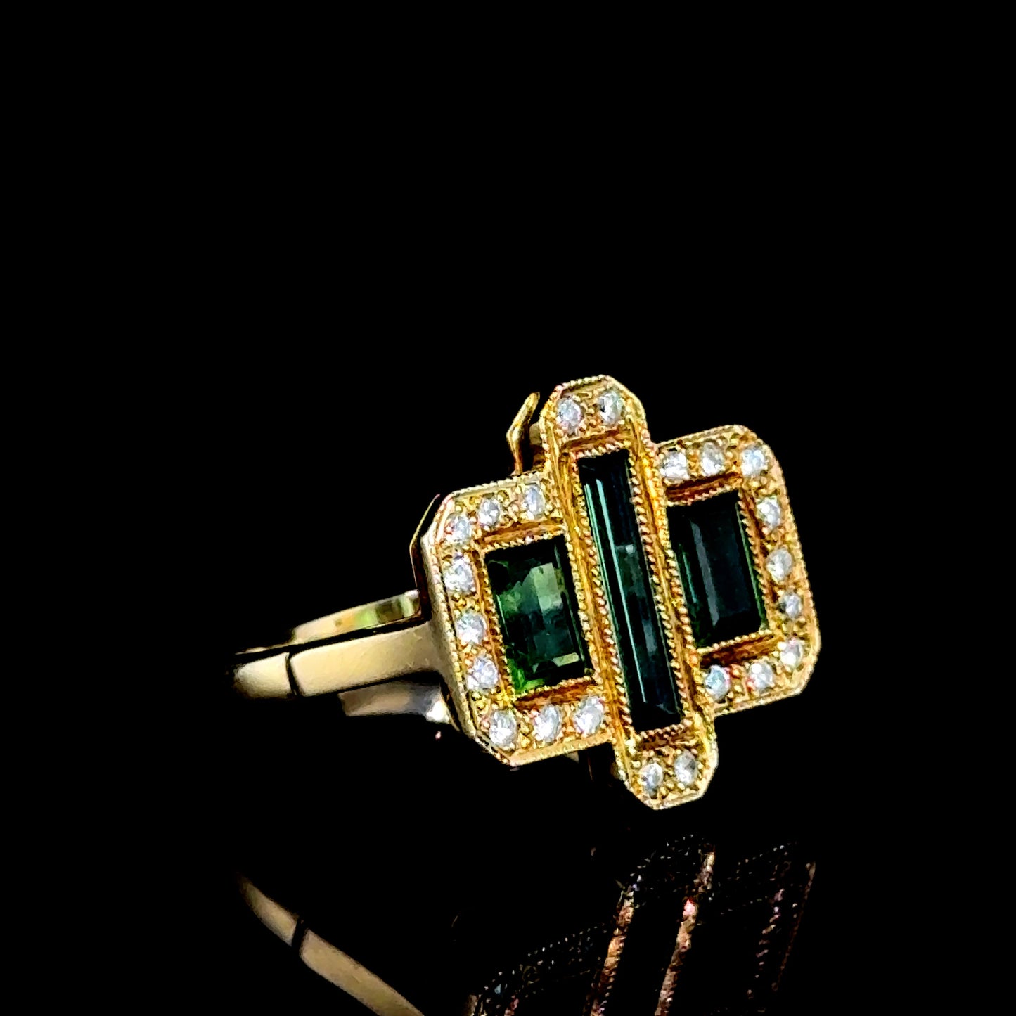 18K Yellow Gold Tourmaline & Diamond Art Deco Ring