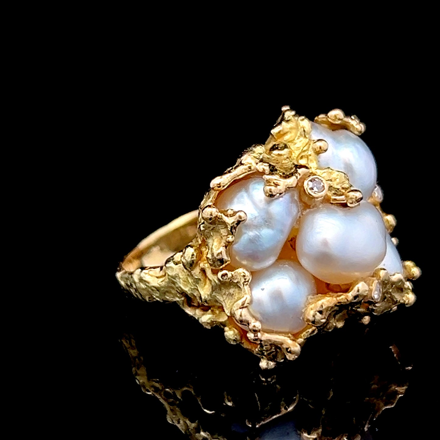 18K Yellow Gold Baroque 5 Pearl & Diamond Dress Ring