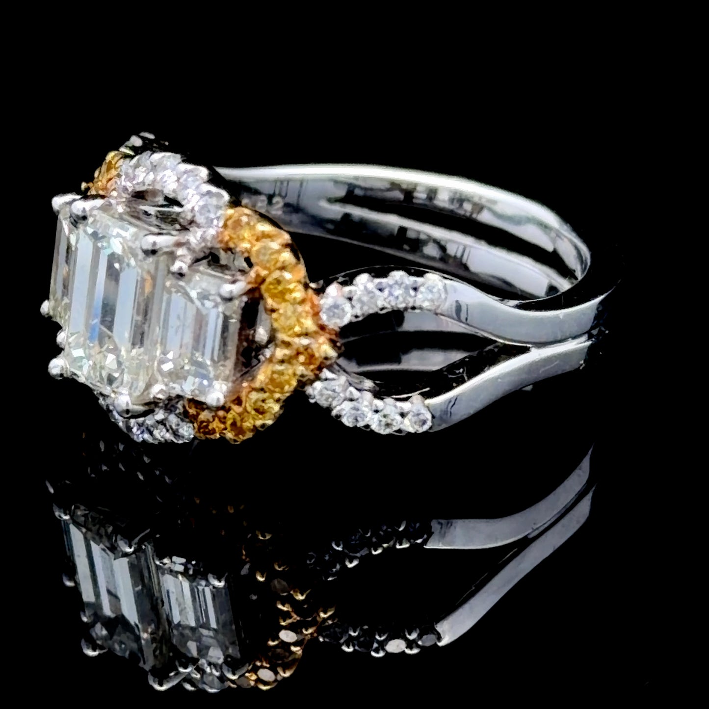 18k Yellow & White Gold Emerald Cut Diamond Trilogy Halo With A Diamond Set Twisted Shank 1.84 Cts Total