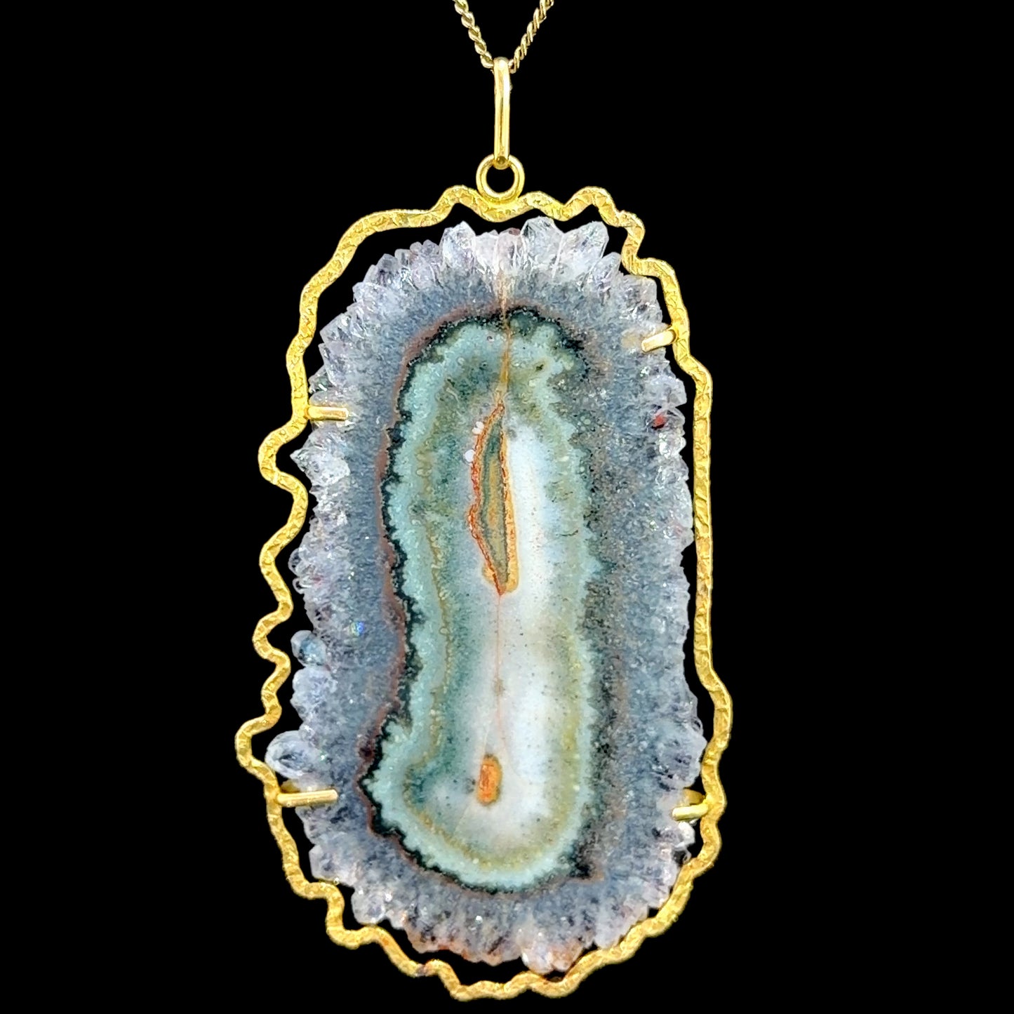 Stunning Large Agate Pendant In An 18k Yellow Gold Hand Made Hammered Edged Mount 3” Drop