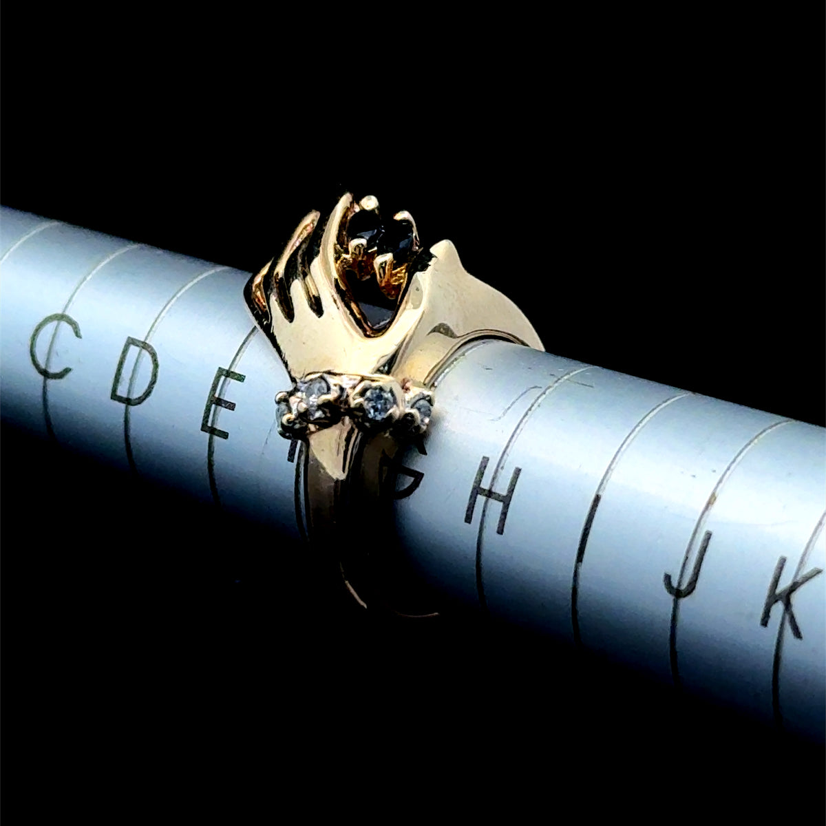 Fabulous 9K Yellow Gold Sapphire & Diamond Stylised Hand Ring