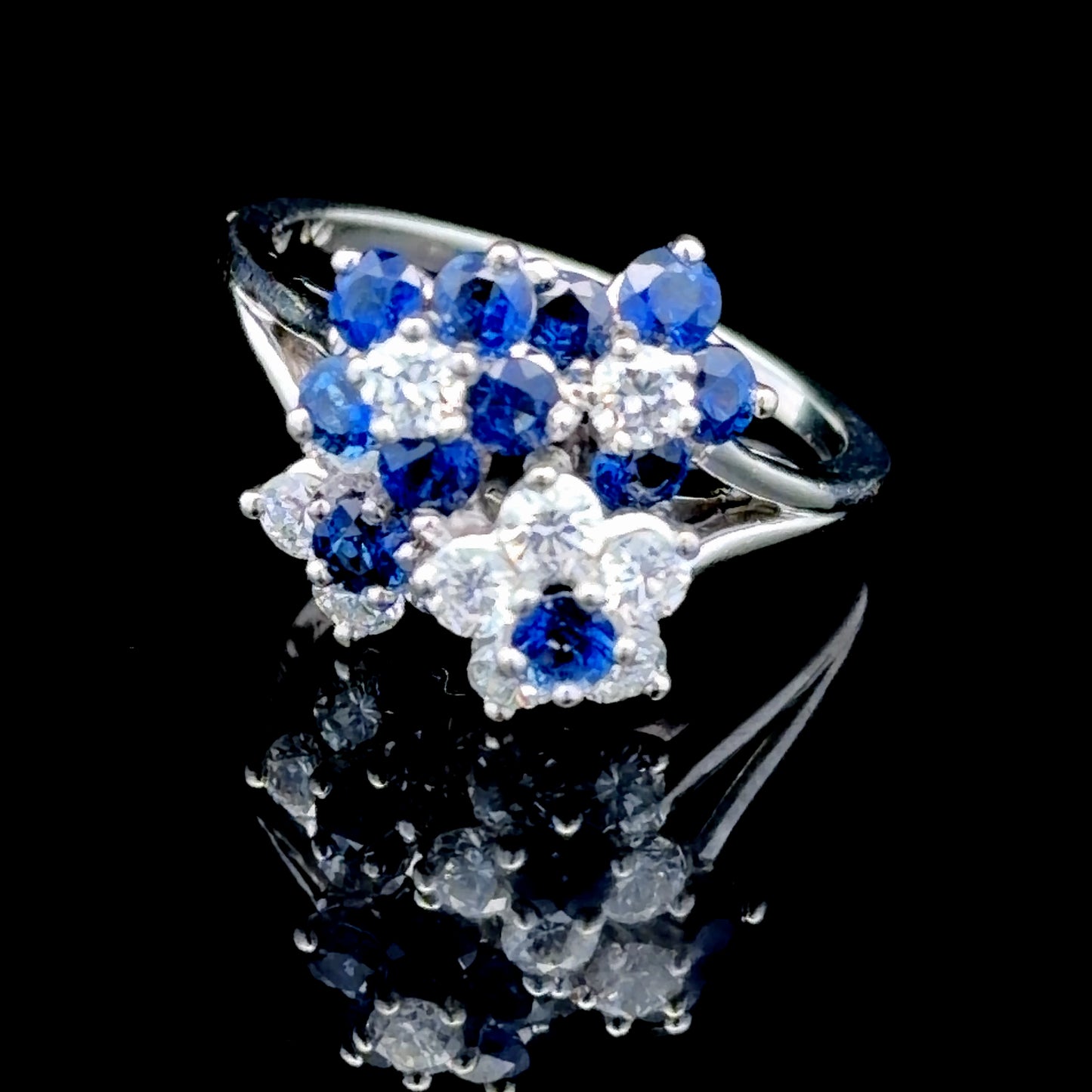 Platinum Sapphire & Diamond Daisy Cluster Ring (4 Daisies)
