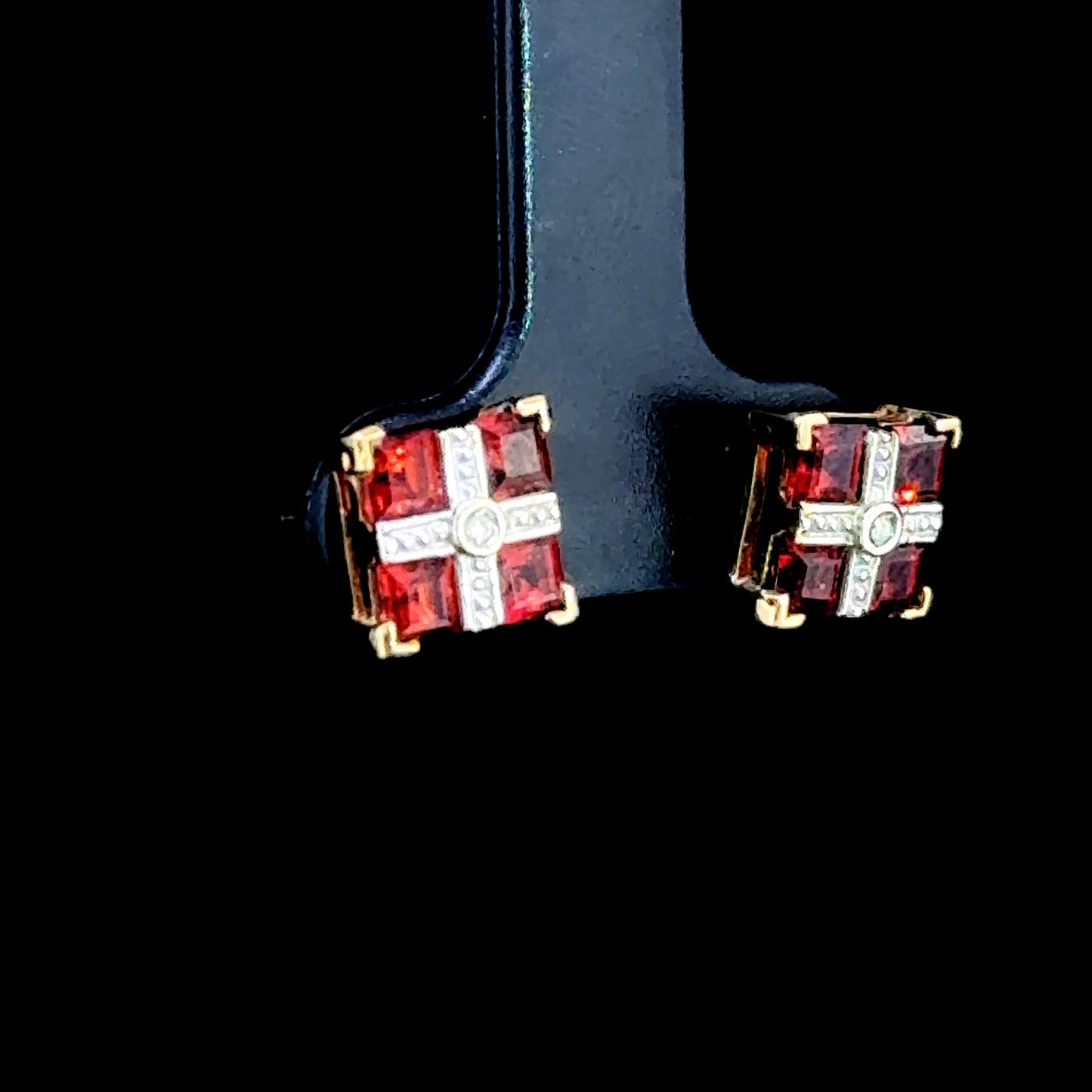9K Yellow Gold Garnet & Diamond Square Studs