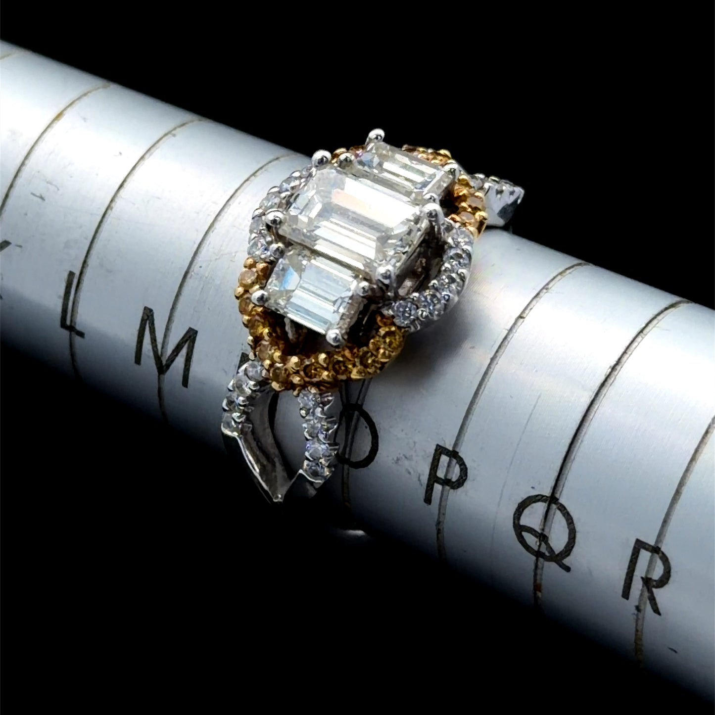 18k Yellow & White Gold Emerald Cut Diamond Trilogy Halo With A Diamond Set Twisted Shank 1.84 Cts Total
