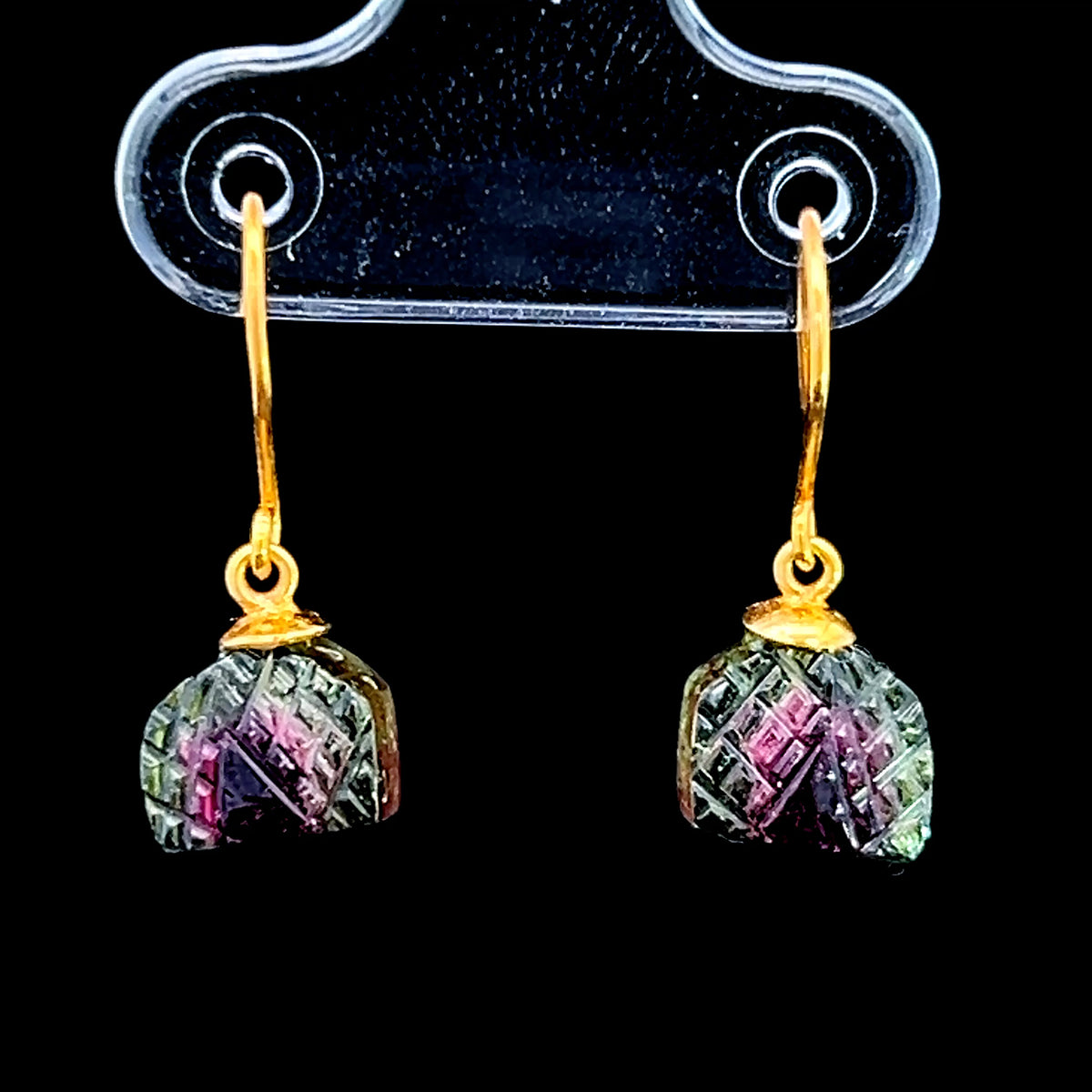 9K Yellow Gold Watermelon Tourmaline Hook Drop Earrings