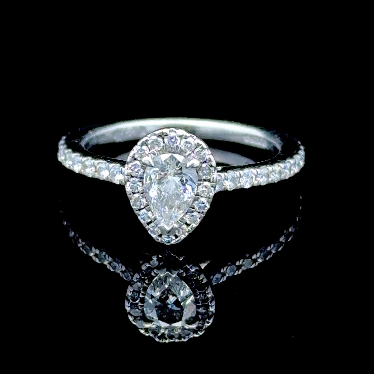 Platinum Pear Diamond Halo Ring with Diamonds to Shoulders
