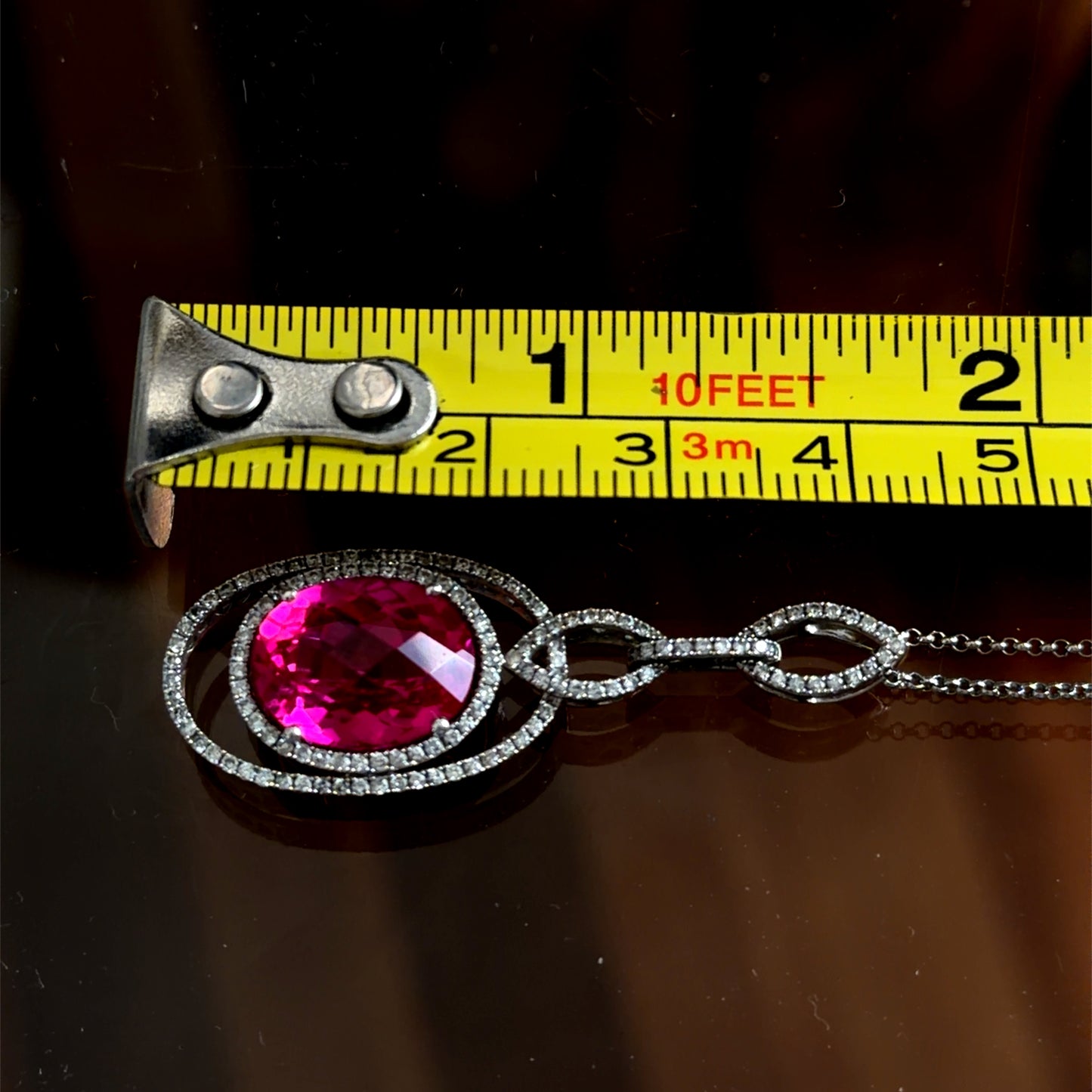 14K White Gold Pink Spinel  & Diamond Drop Pendant & Chain