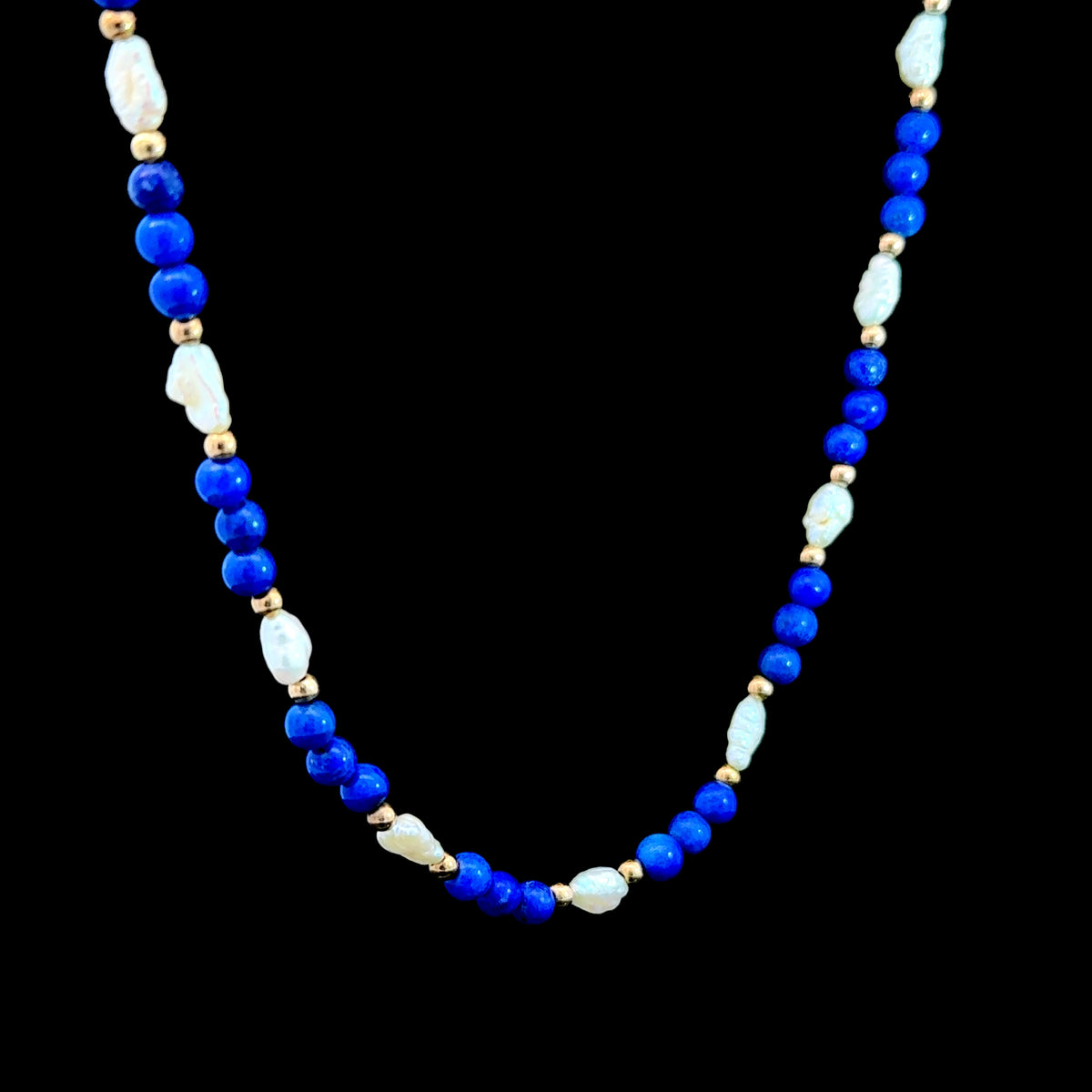 Stunning 9K Yellow Gold Lapis Lazuli & Freshwater Pearl Necklace