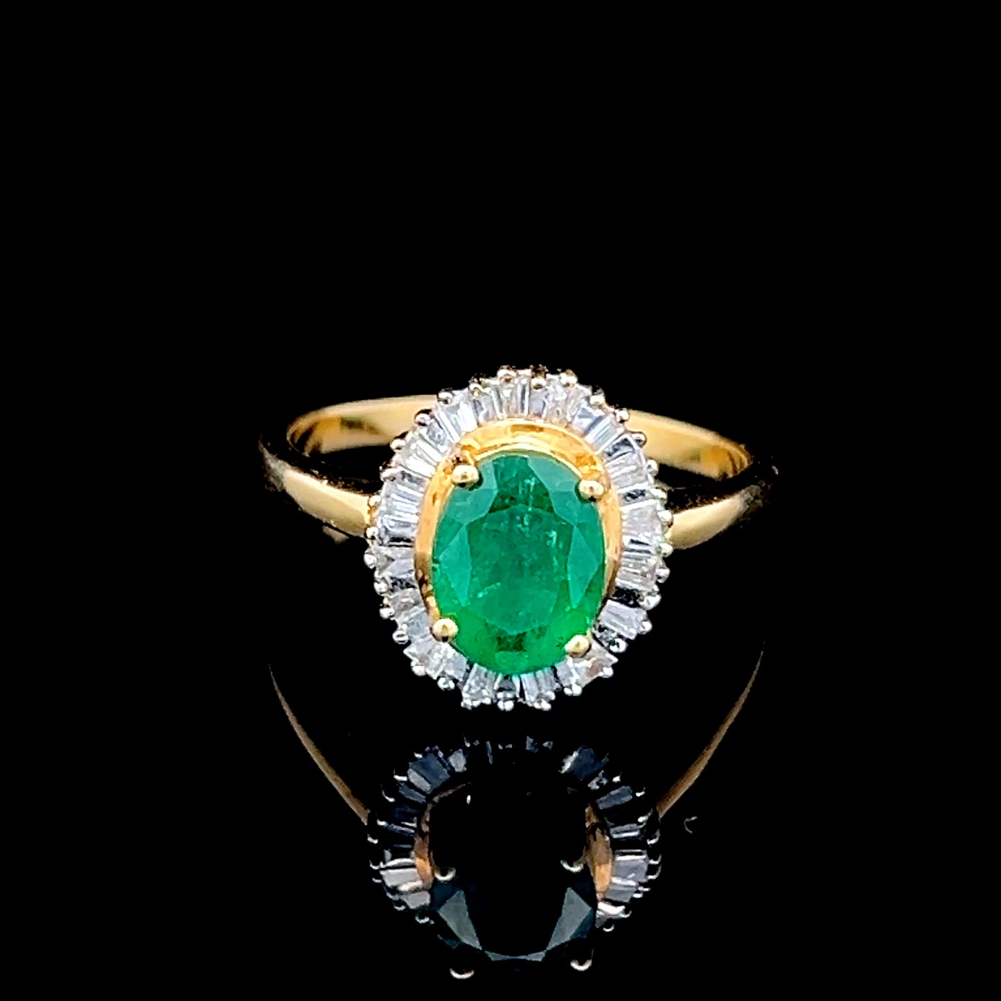 18K Yellow Gold Emerald & Baguette Diamond Ballerina Mount Ring