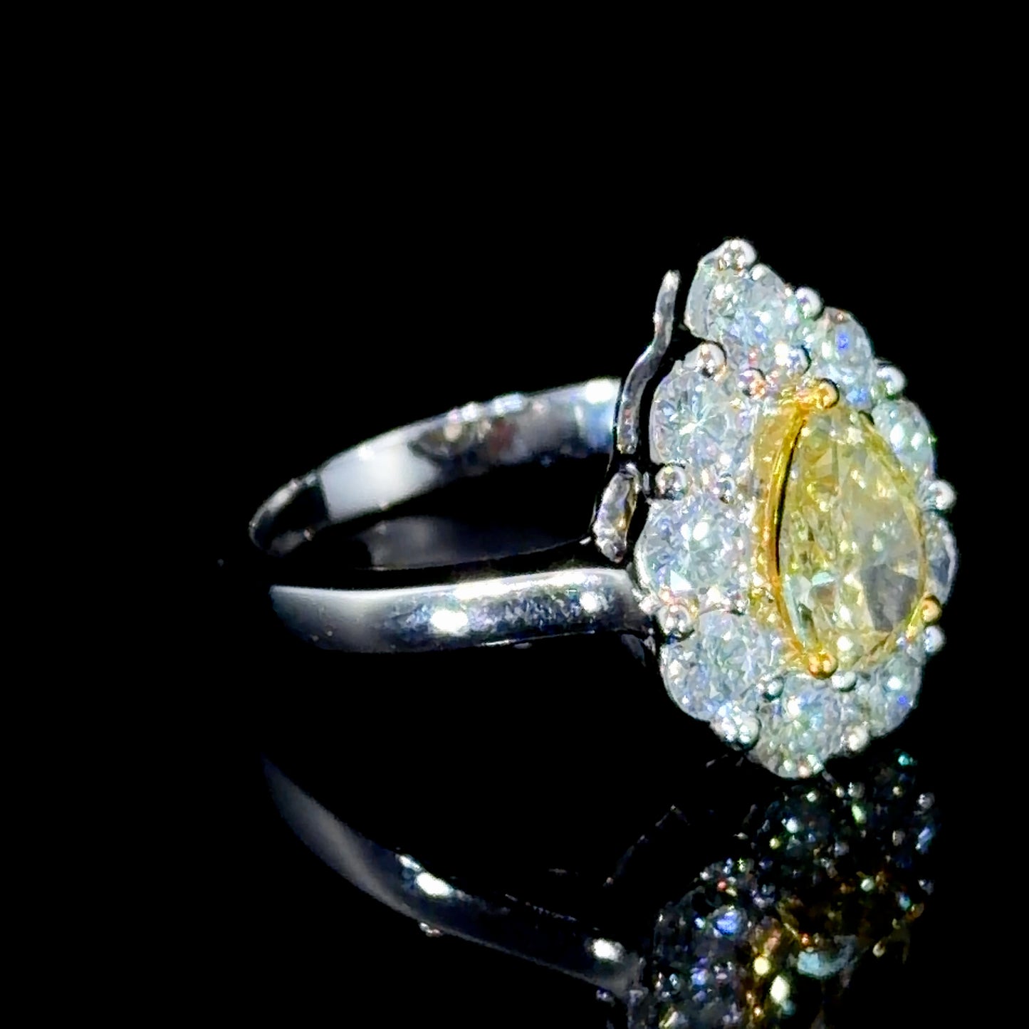 A Stunning Platinum Yellow Diamond Pear Halo Ring 1.05 Ct Center 2.15 Cts Total