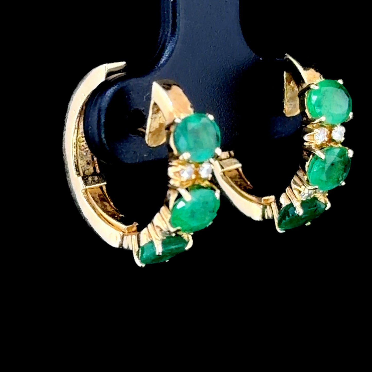 Stunning 14k Yellow Gold Emerald & Diamond hoop Earrings