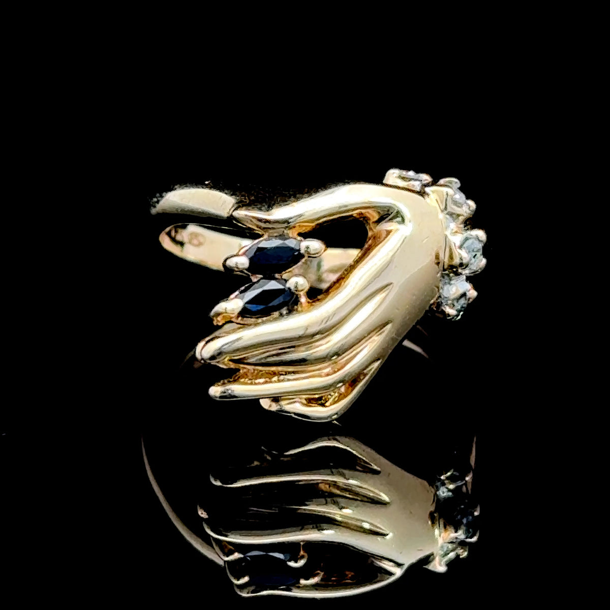 Fabulous 9K Yellow Gold Sapphire & Diamond Stylised Hand Ring
