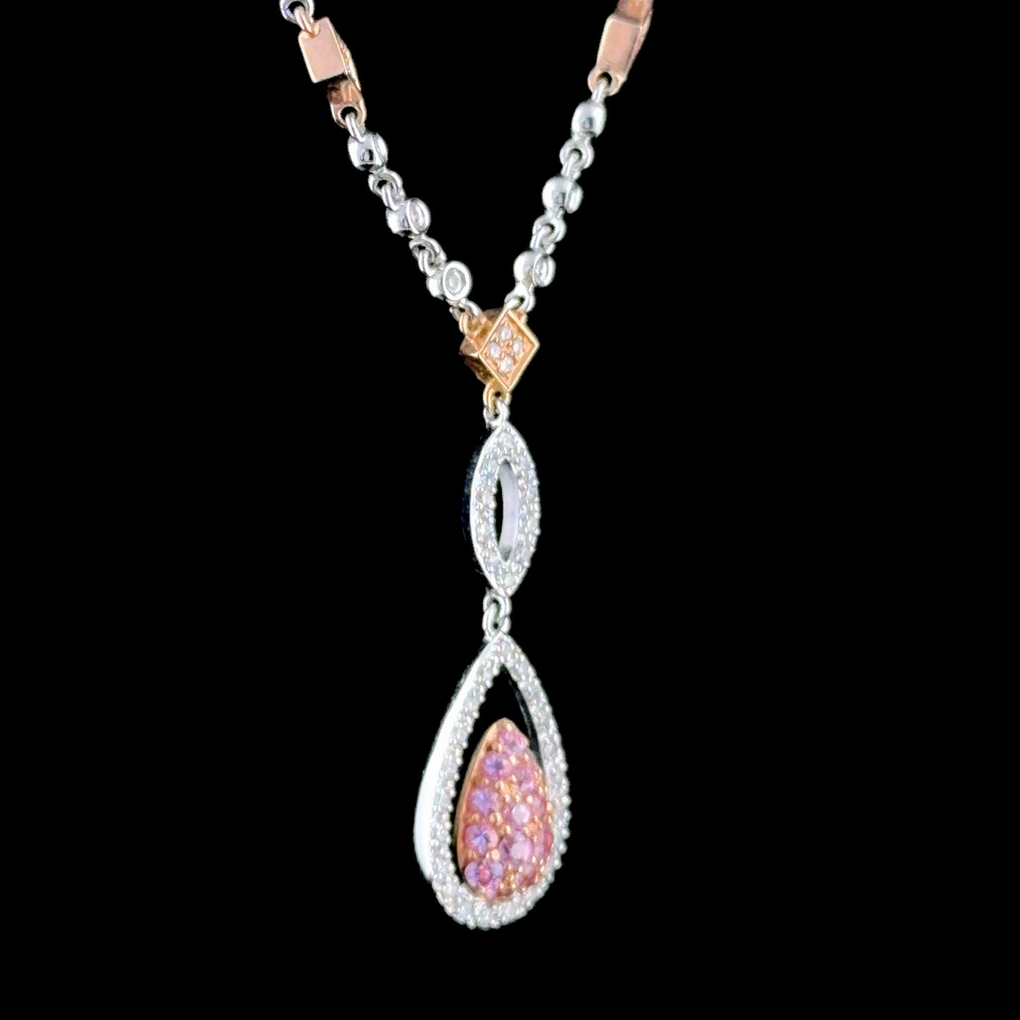 Sweet 14 k White & Rose Gold Diamond & Pink Sapphire Drop Pendant & Heart Earring Suite