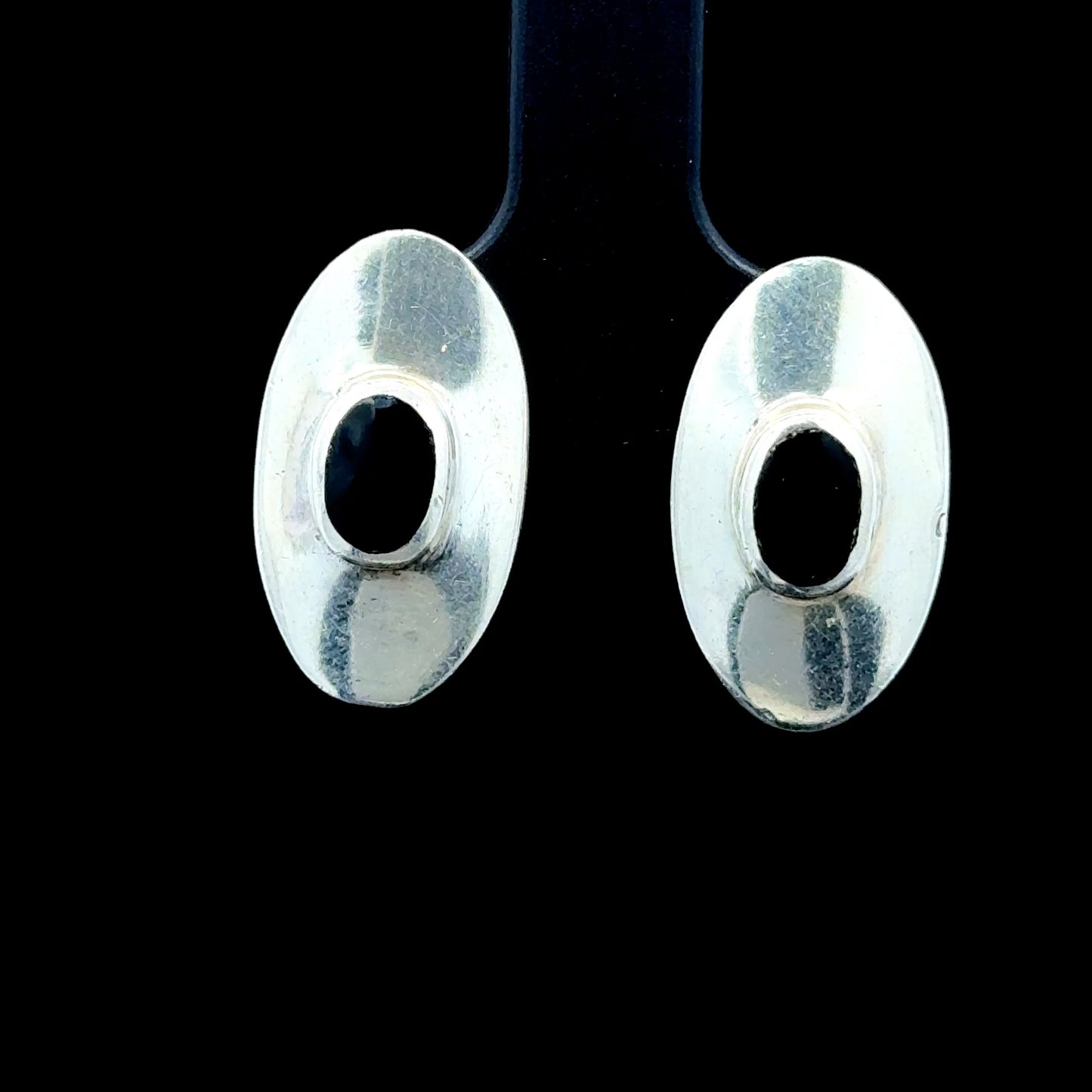 Silver Black Enamel Oval Studs