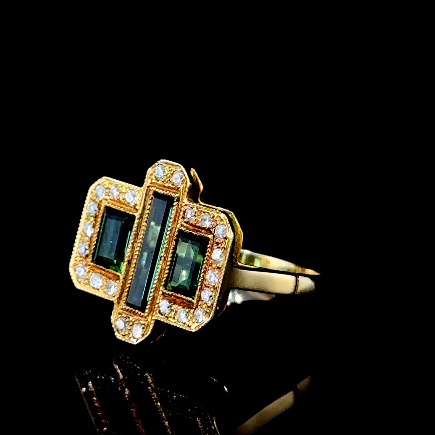 18K Yellow Gold Tourmaline & Diamond Art Deco Ring