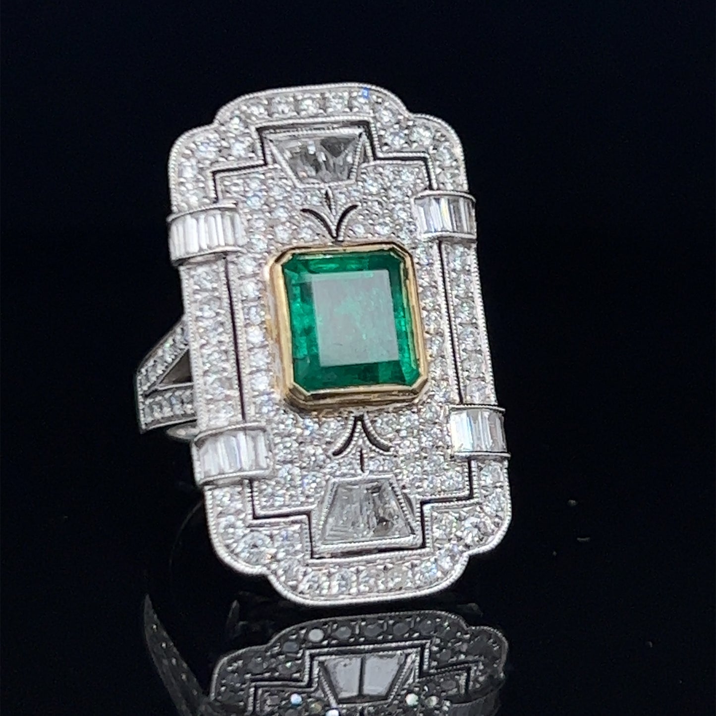 Spectacular 18k White Gold Diamond & Muzo Emerald Deco Style Ring Dia 2.0 Cts Emerald 2.0 Cts With Safeguard certification.