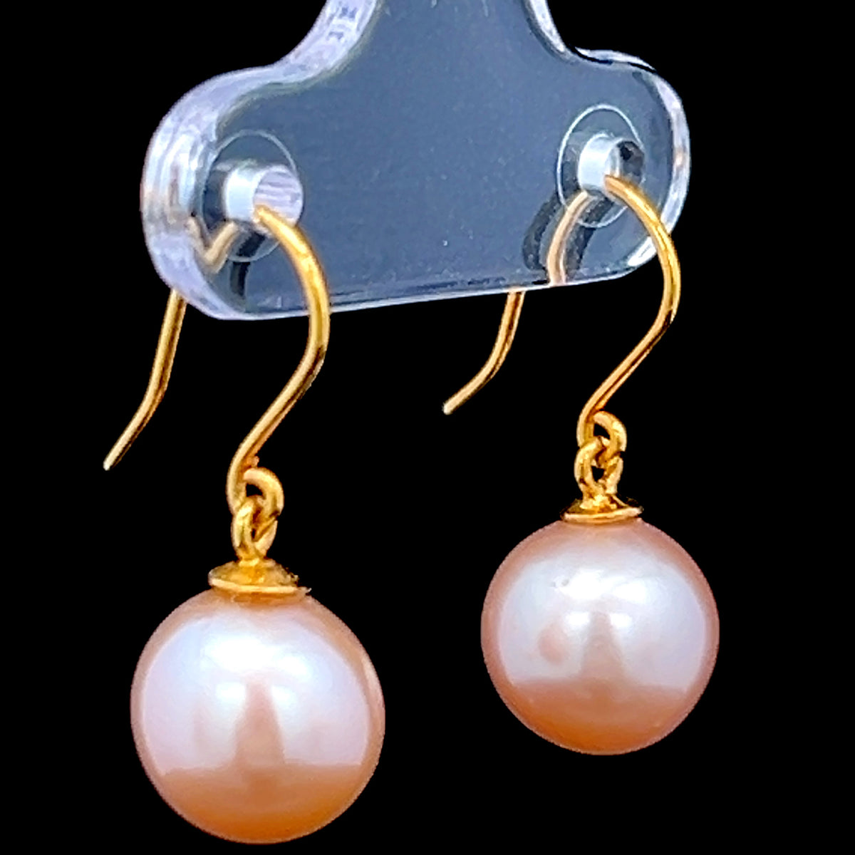 18K Yellow Gold Pink Pearl Hook Drop Earrings 8mm