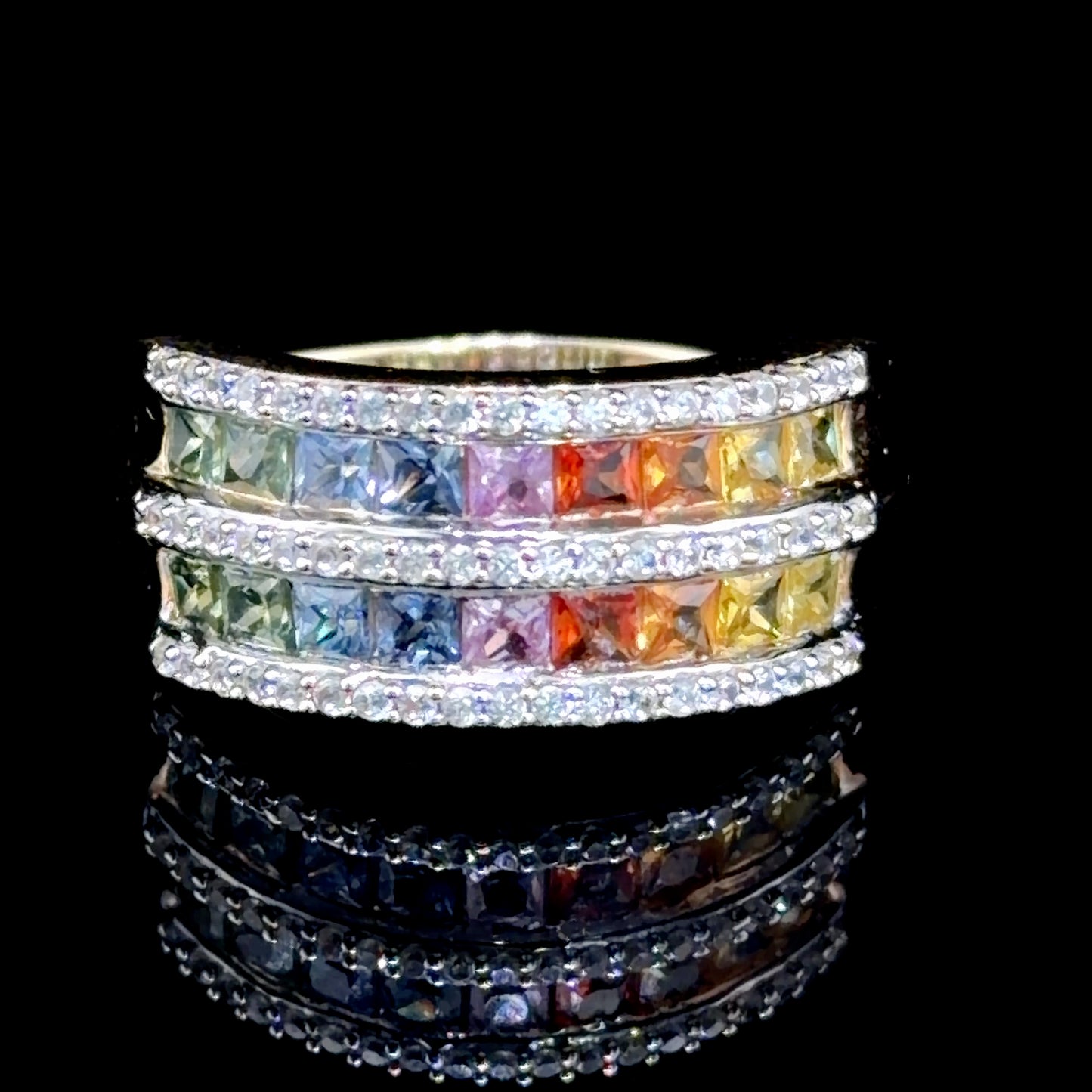 Stunning 9k Yellow Gold Double Row White & Multi-Colour Sapphire Ring