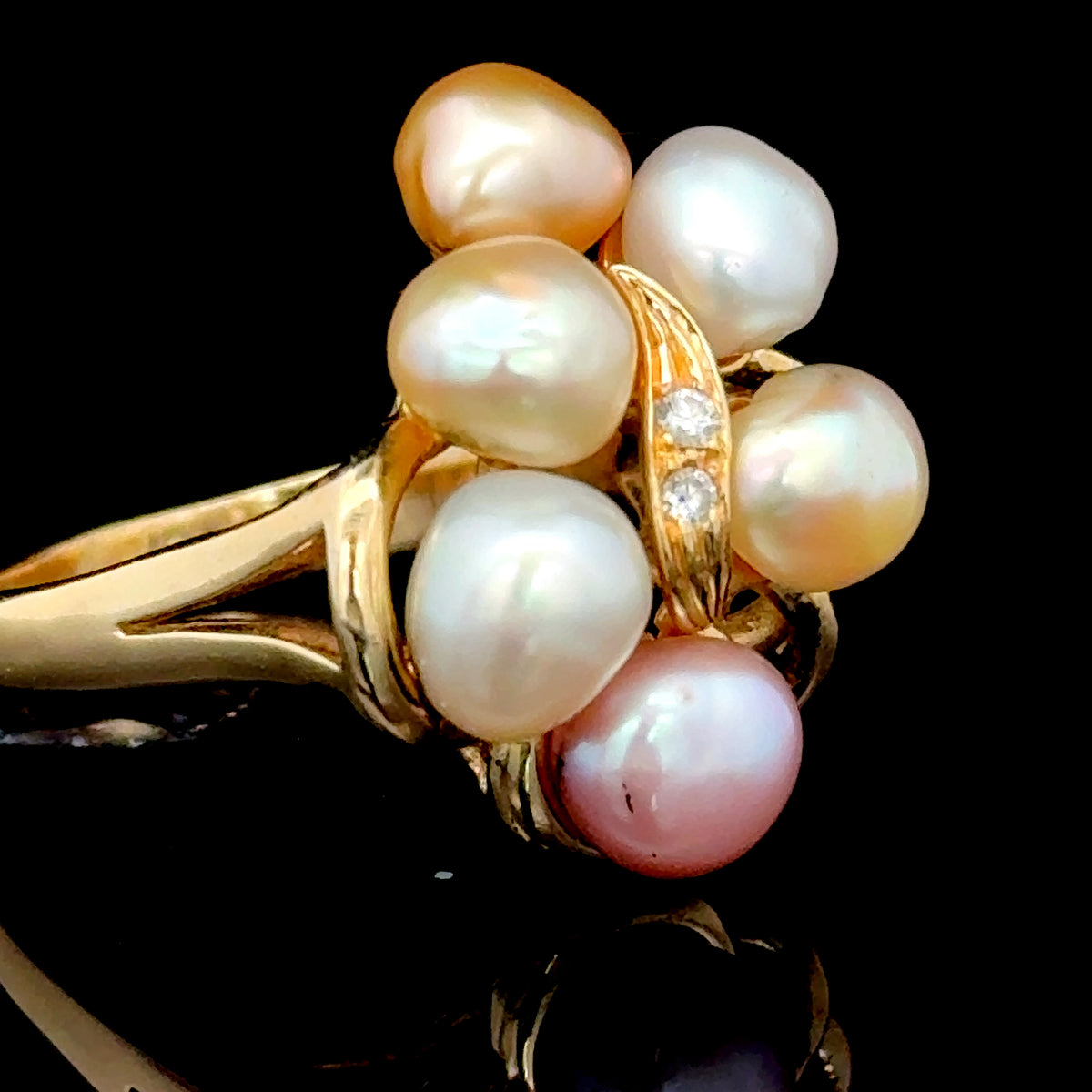 14K Yellow Gold Pink & White Pearl & Diamond Ring