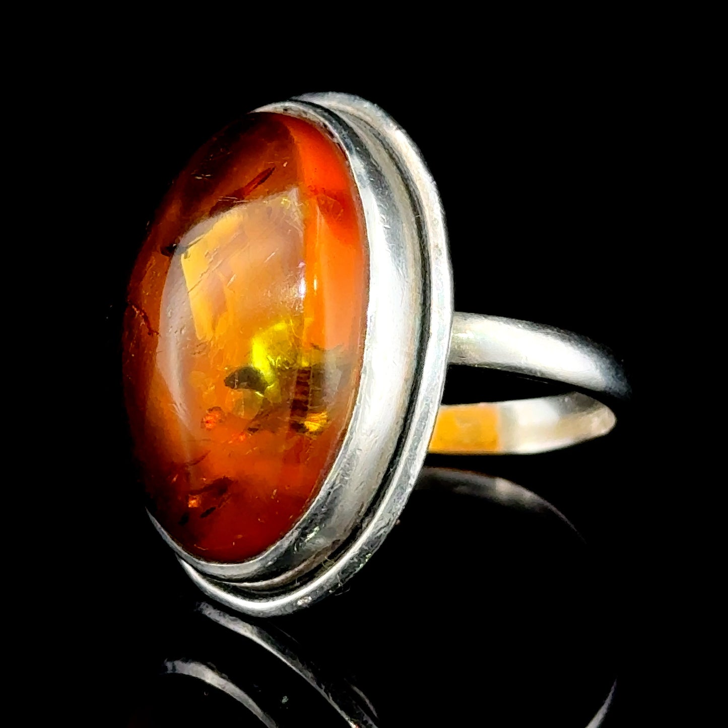 Silver Large Amber Ring