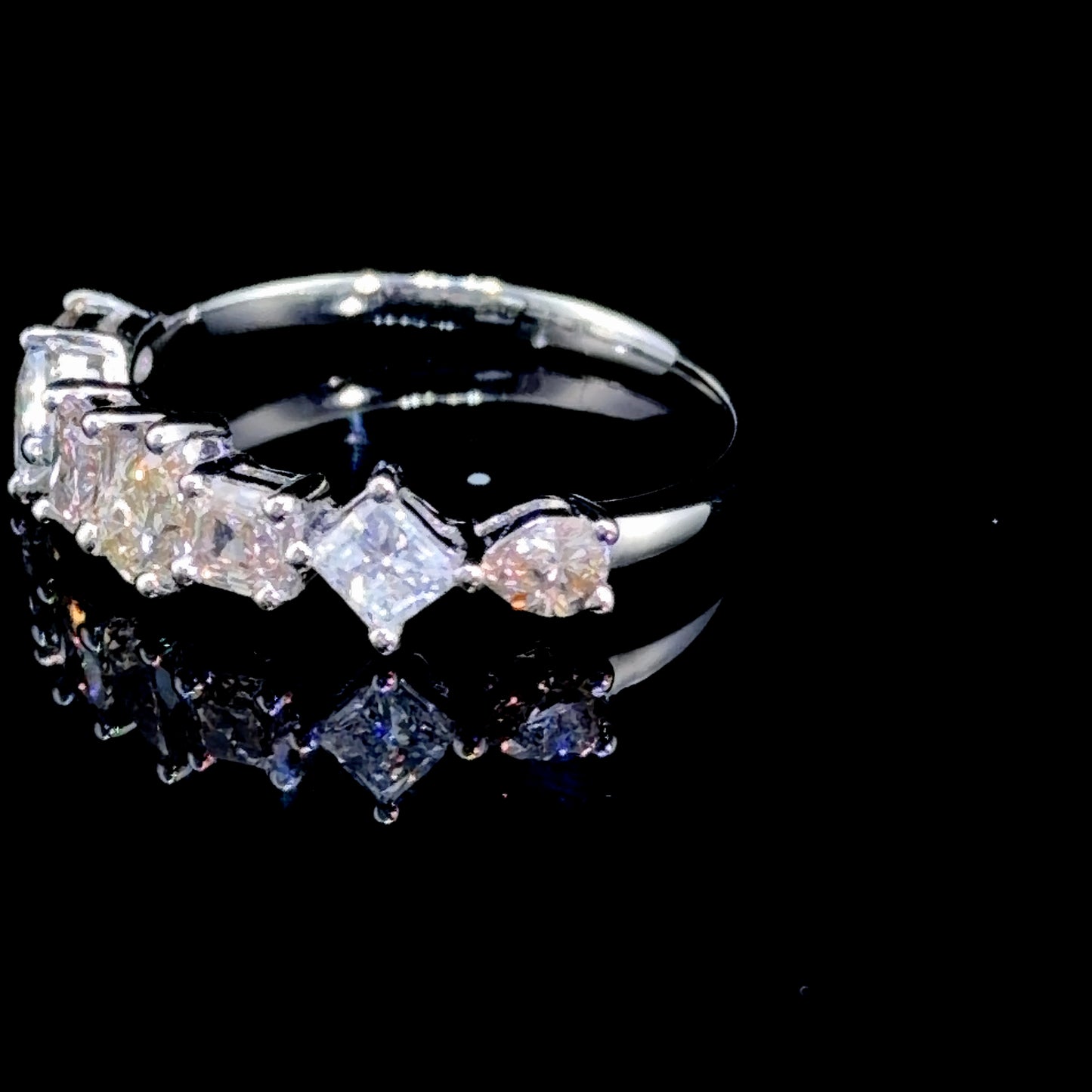 Platinum 7 Stone Diamond Ring Pink Yellow & White Pear, Emerald & Princess Cut stones Appx 1.2Cts