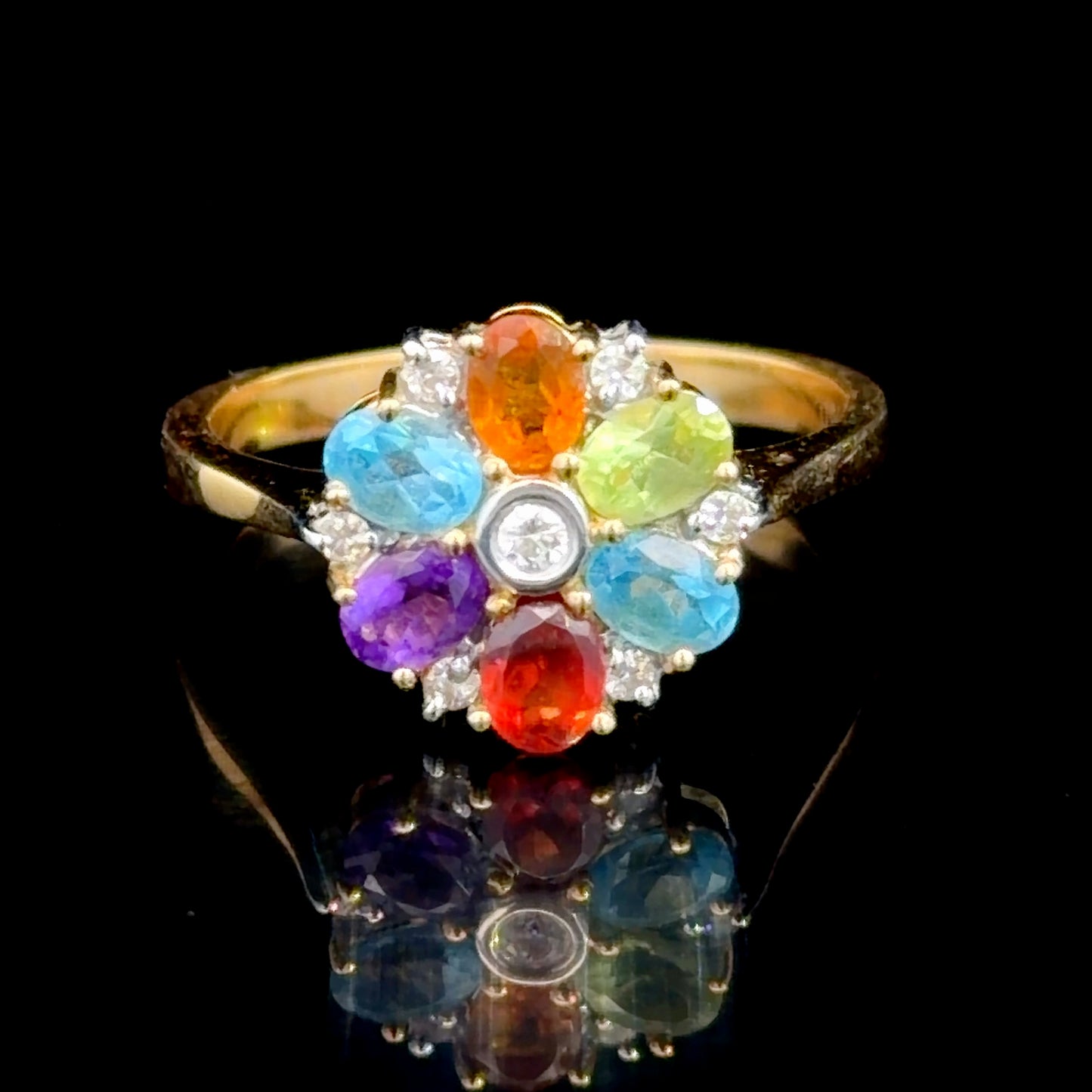 Lovely 18k Multicolour Gemstone & Diamond Flower Ring