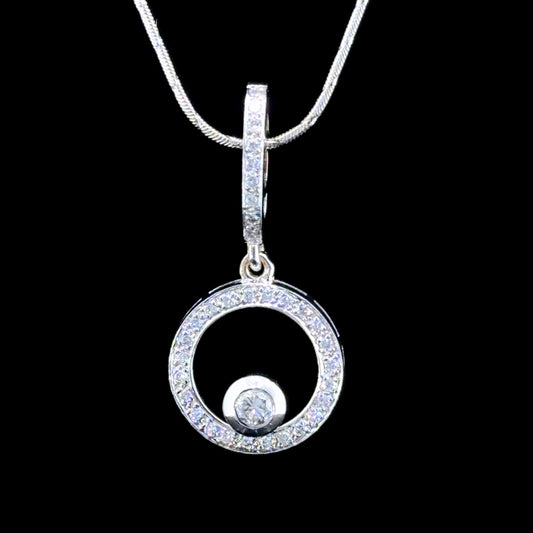 Pretty 18k White Gold & Diamond Open Circle Pendant With Offset Diamond Appx 0.5 Cts