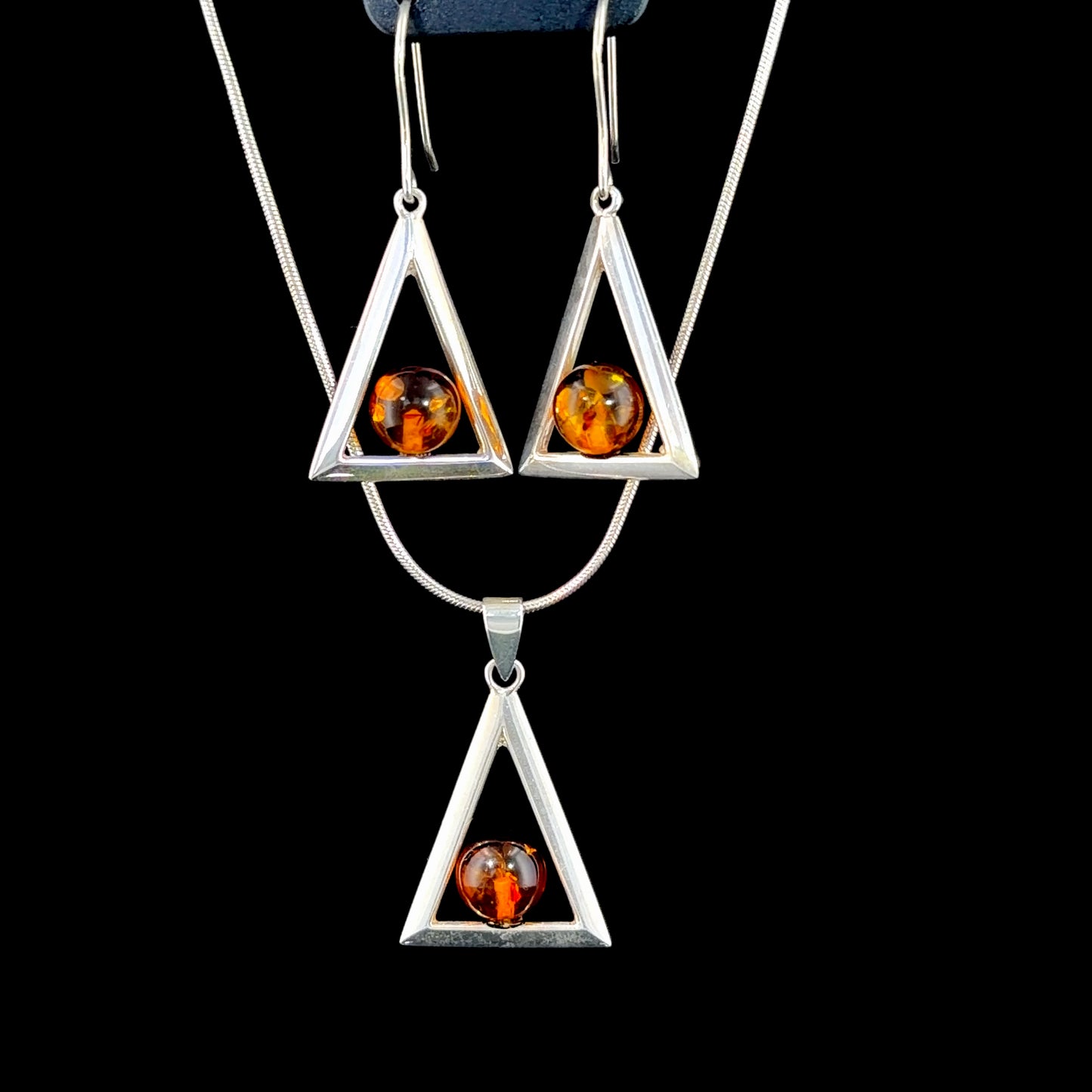 Lovely Silver & Amber Triangular Pendant Necklace and Hook Earring Suite