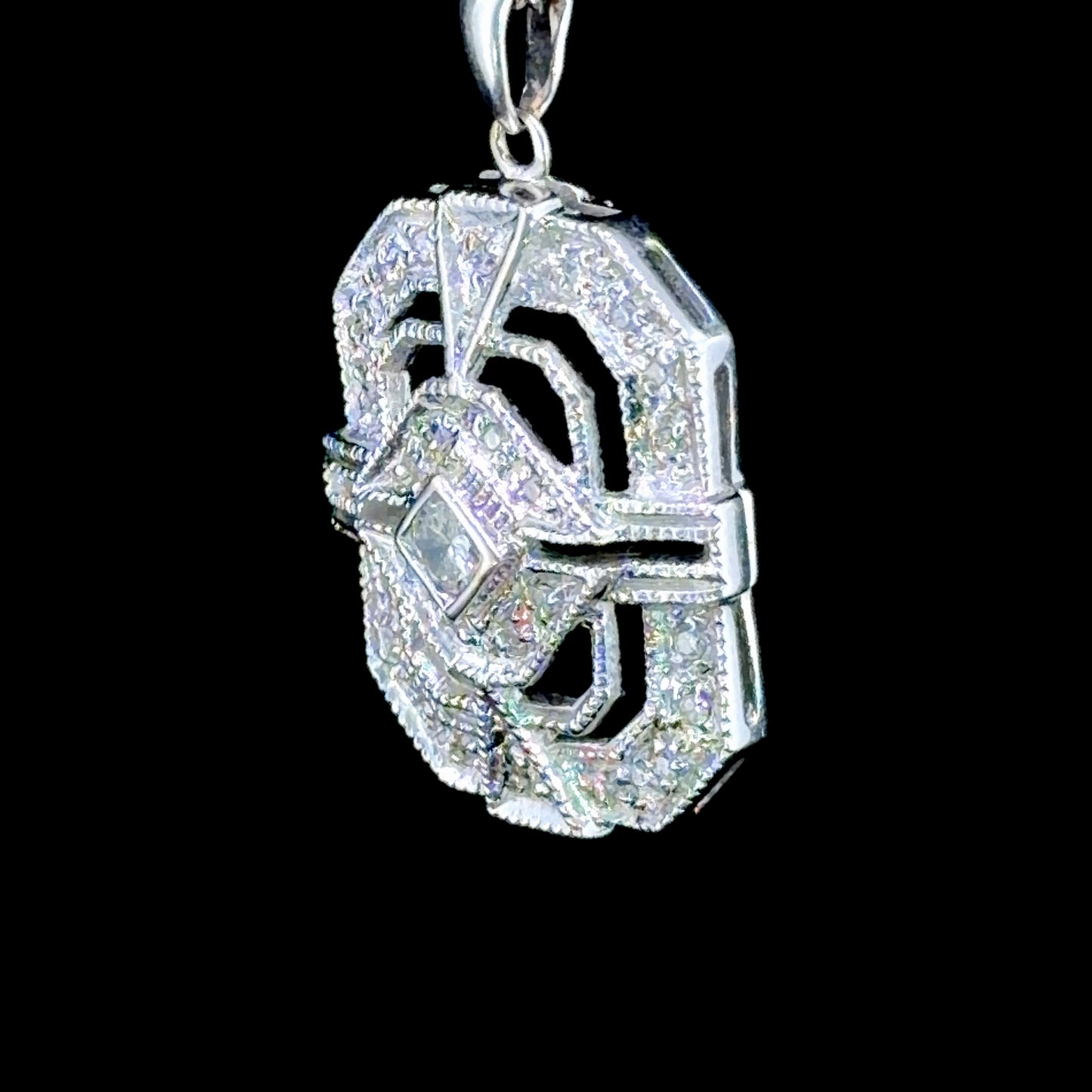 18k White Gold Deco Style Rectangular Diamond Pendant & Chain Appx 0.5 Cts